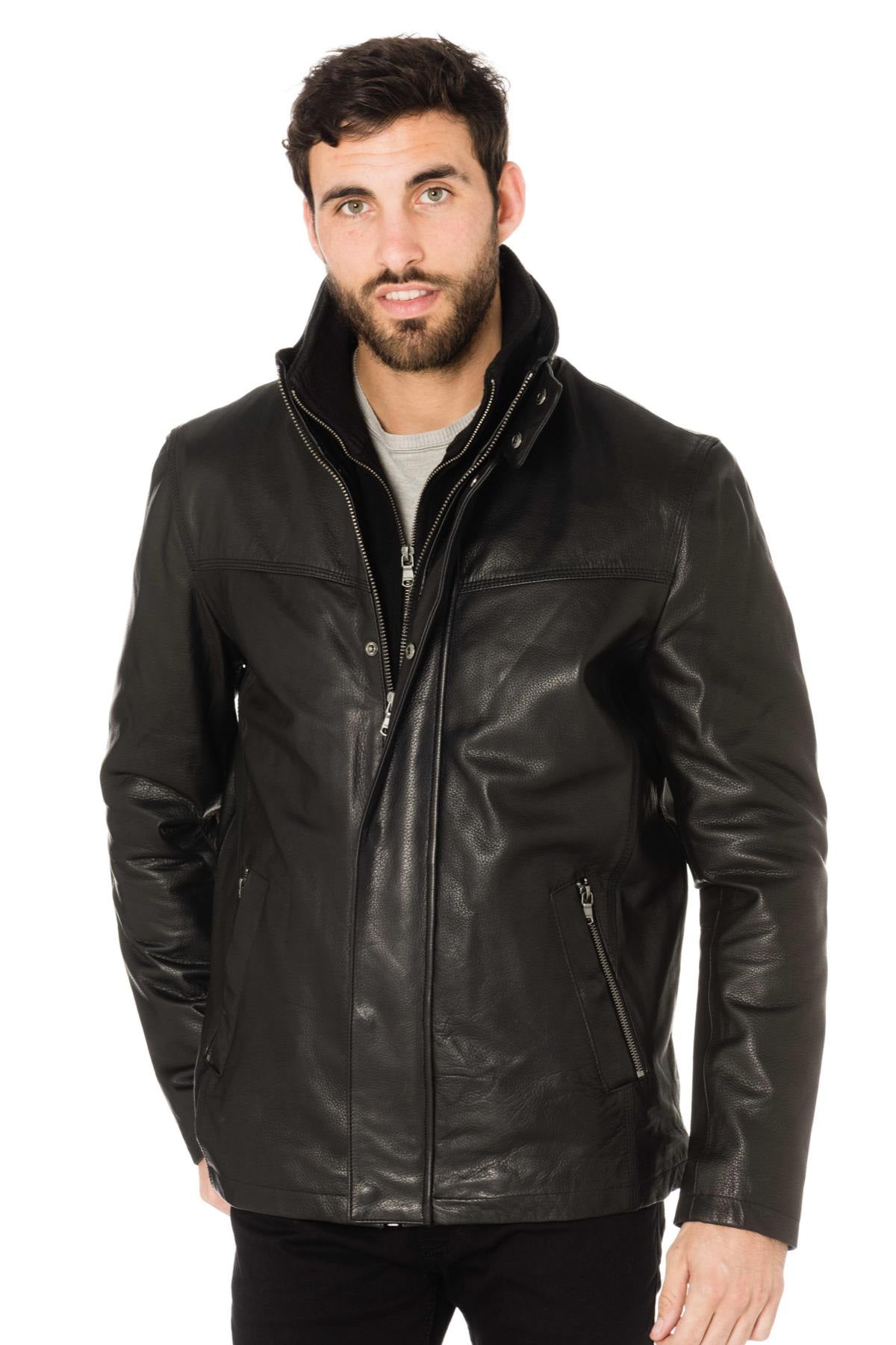 Black cowhide leather jacket - Image n°1