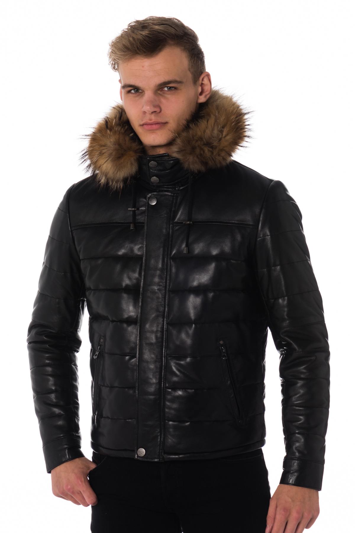  Men's black leather down jacket - Image n°1