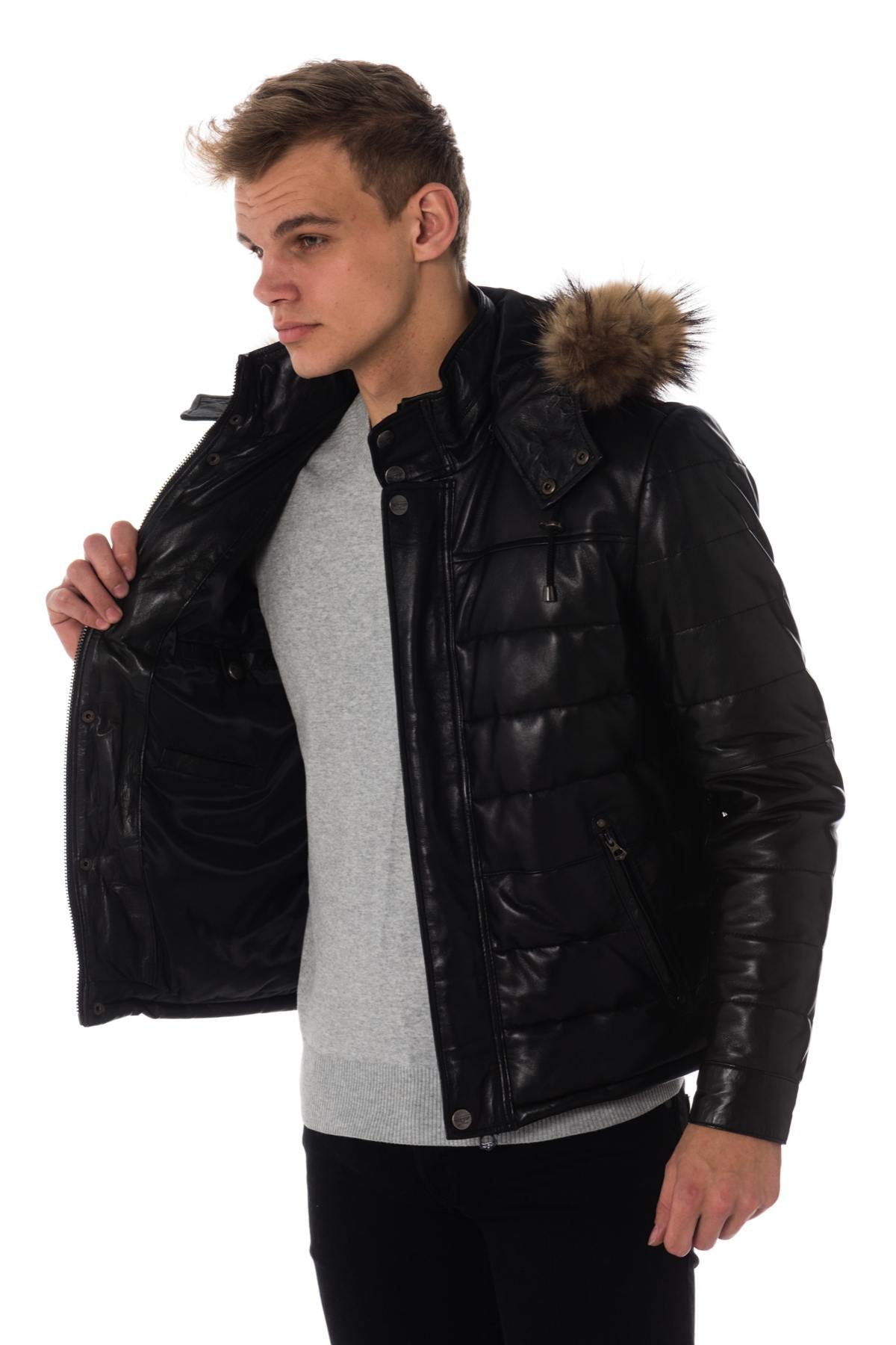  Men's black leather down jacket - Image n°5