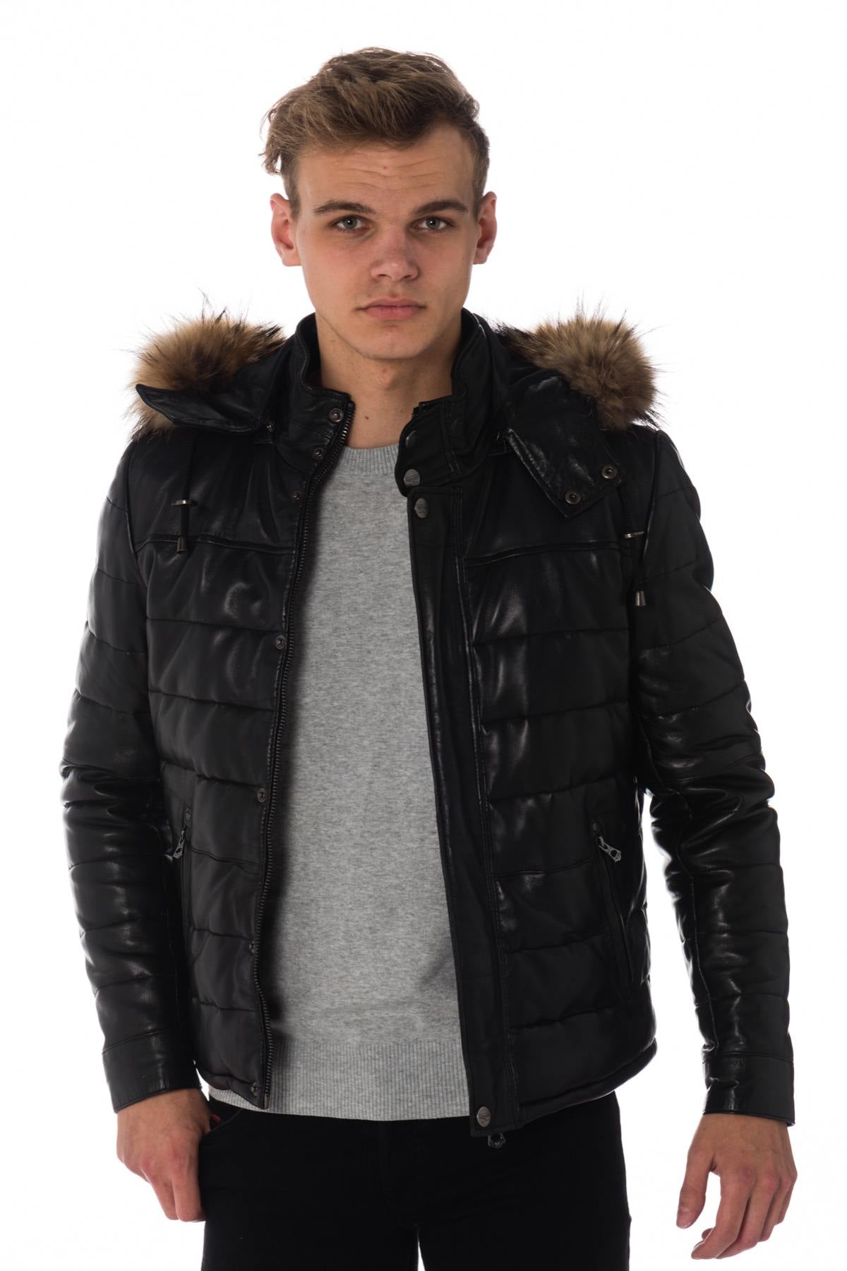  Men's black leather down jacket - Image n°3