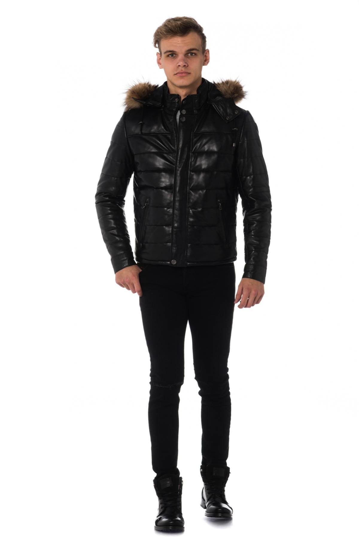  Men's black leather down jacket - Image n°2