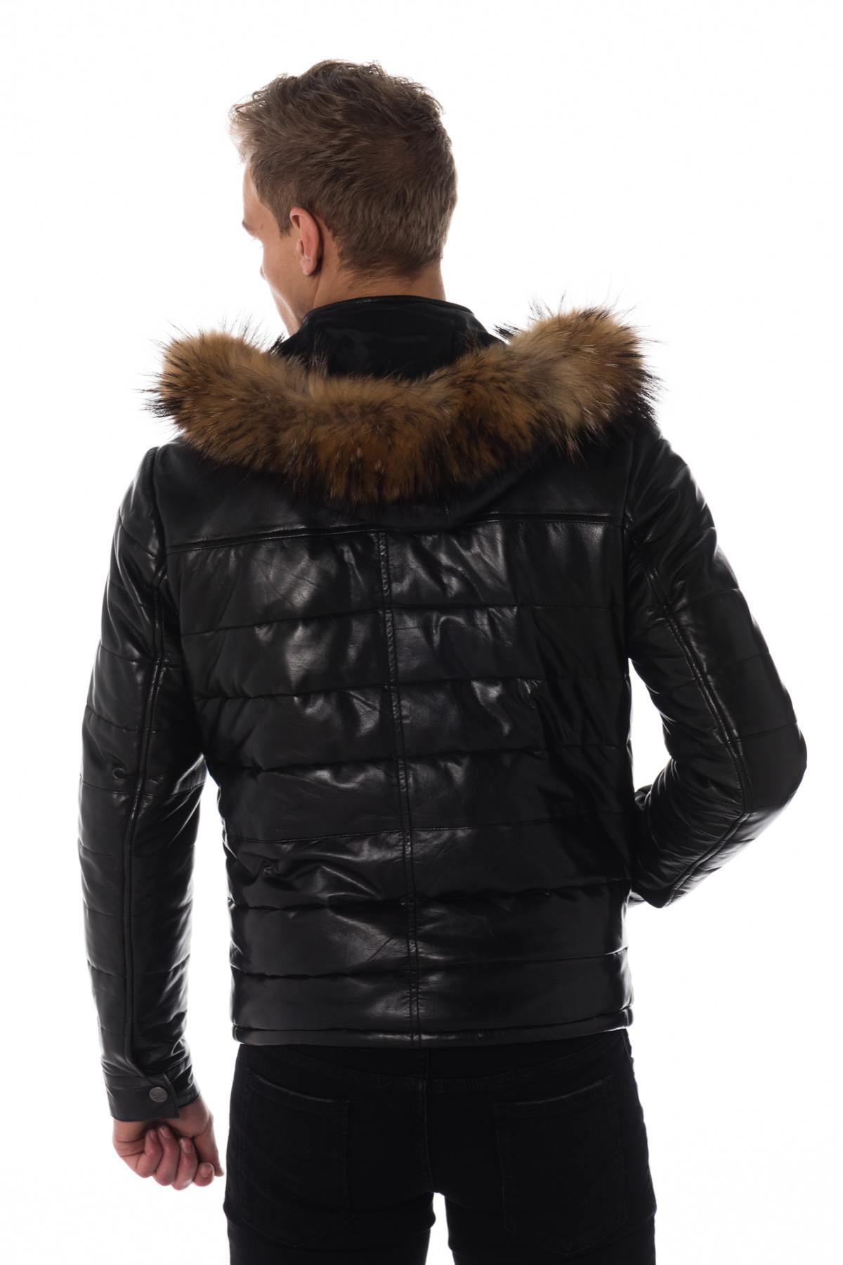  Men's black leather down jacket - Image n°4