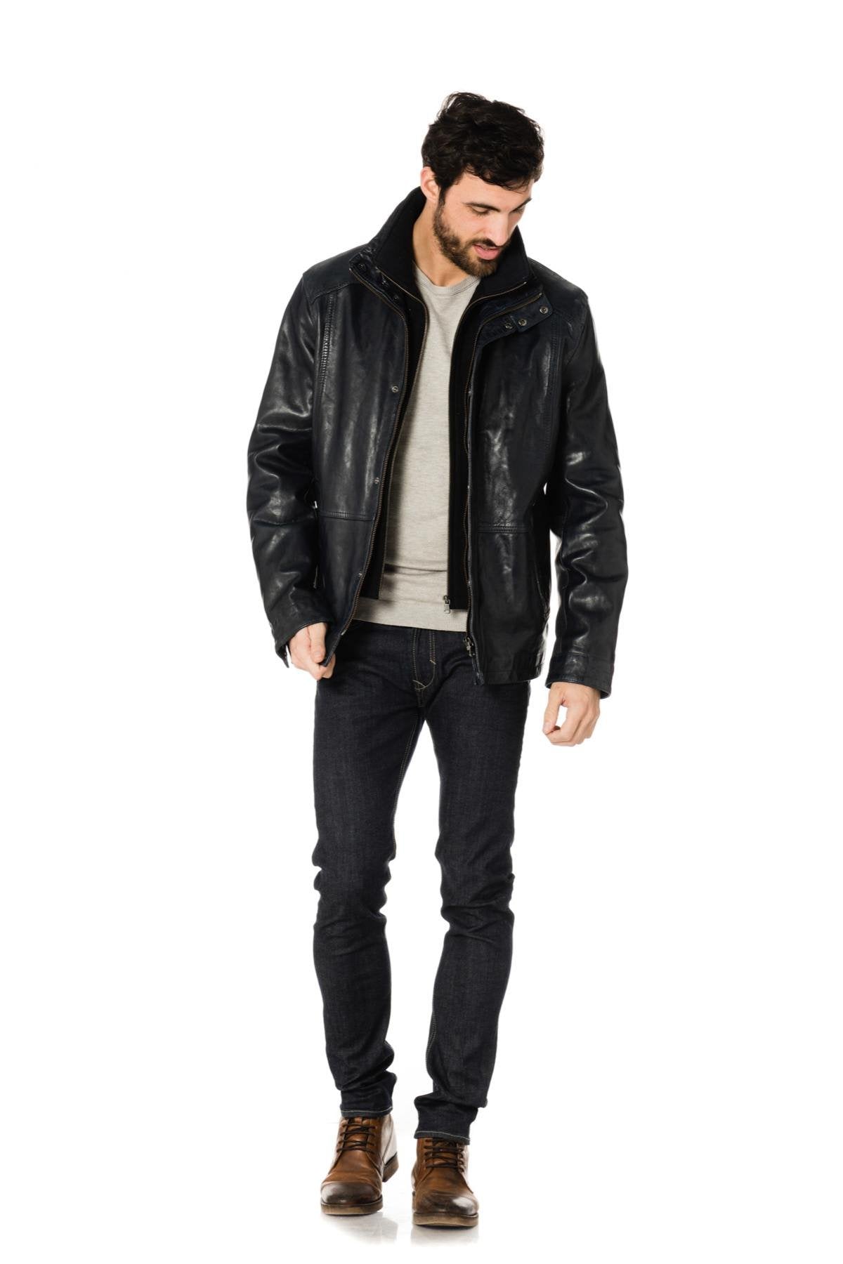 Men's navy blue lambskin leather jacket - Image n°2