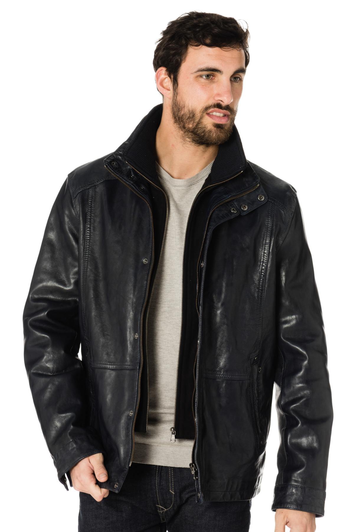 Men's navy blue lambskin leather jacket - Image n°3