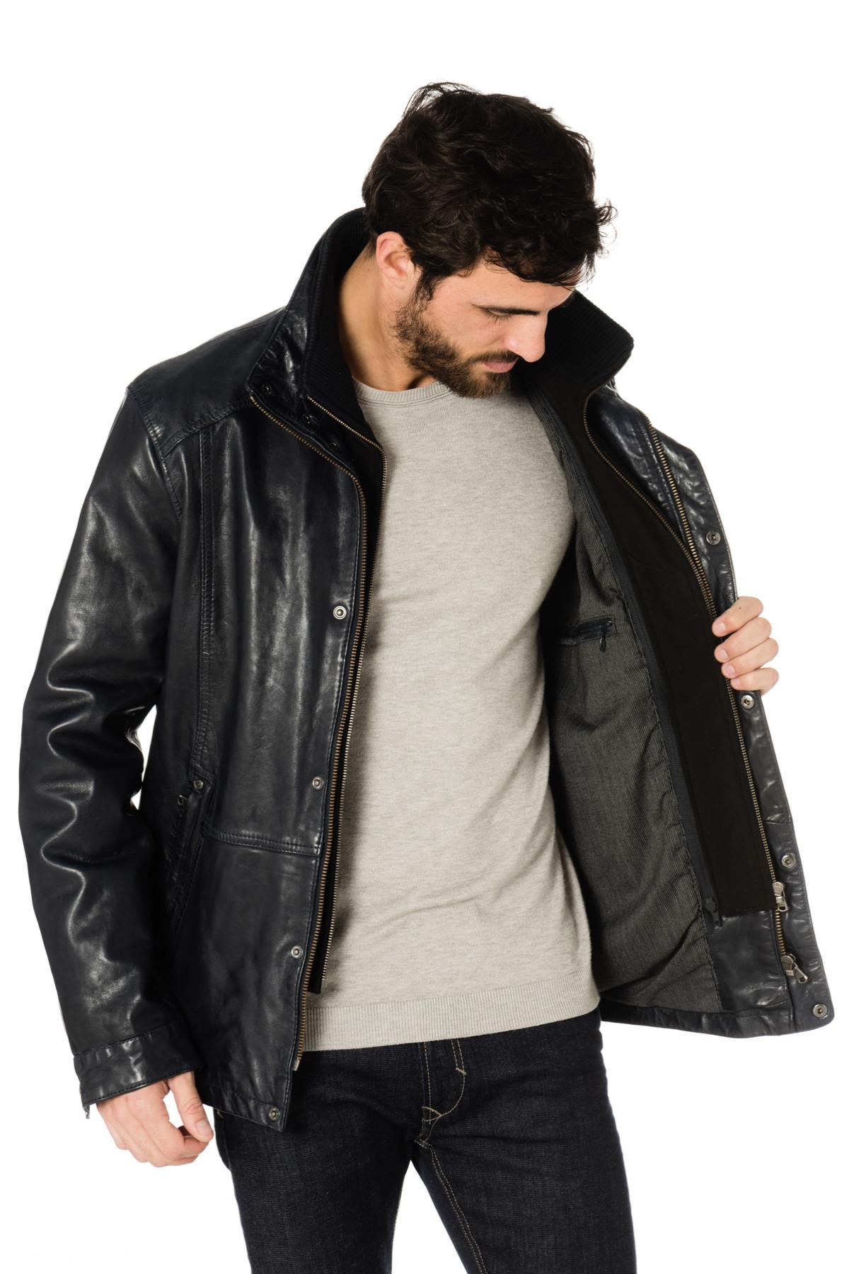 Men's navy blue lambskin leather jacket - Image n°4