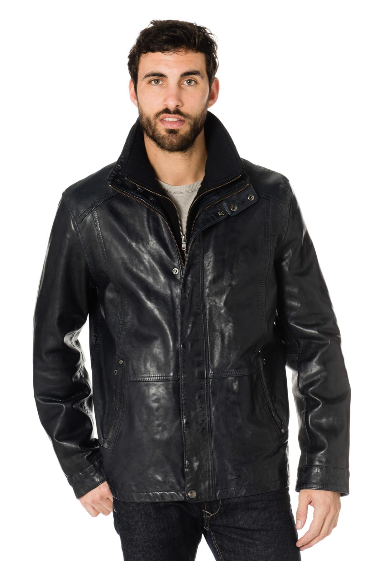 Men's navy blue lambskin leather jacket - Image n°1