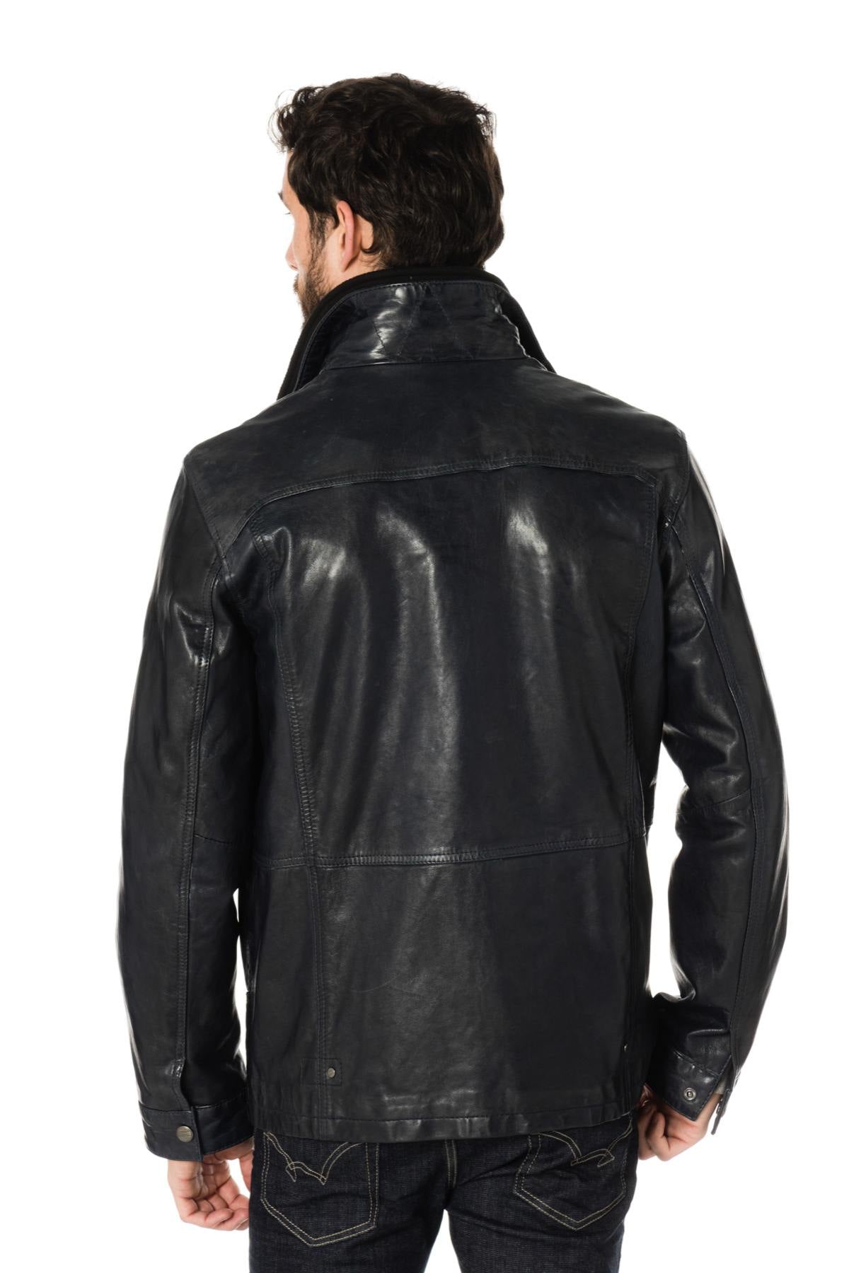 Men's navy blue lambskin leather jacket - Image n°5