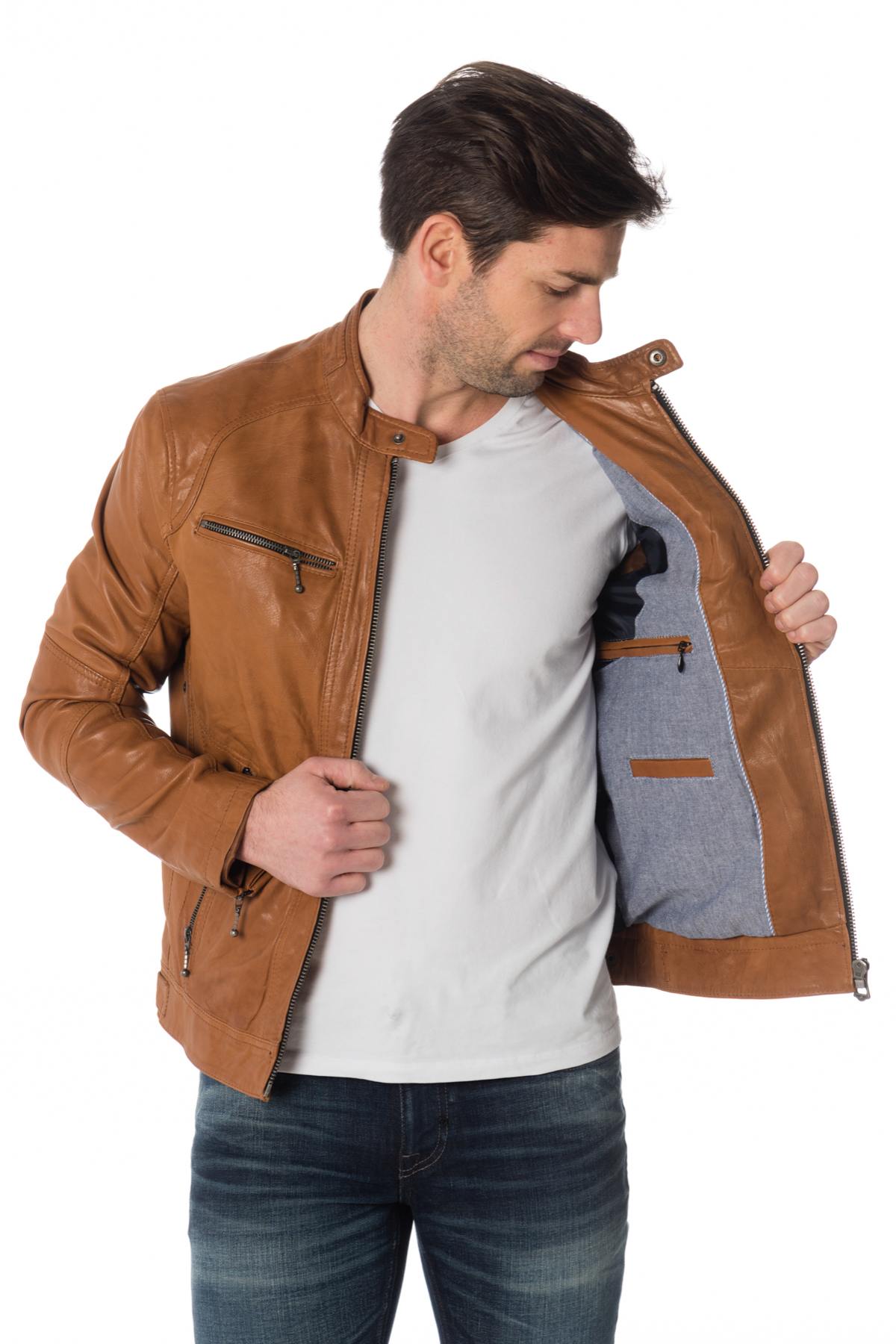 Tan lambskin leather jacket - Image n°5