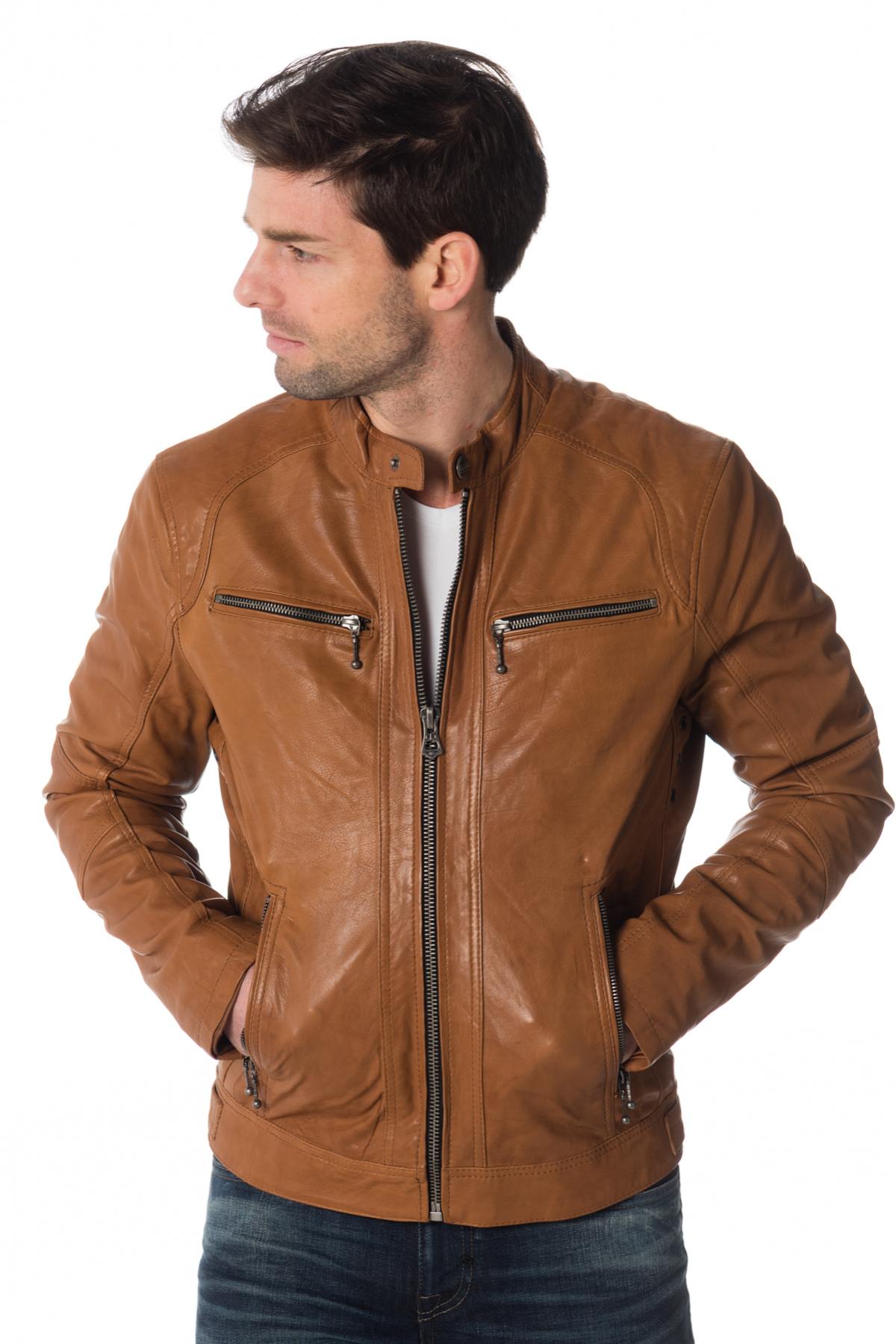 Tan lambskin leather jacket - Image n°1