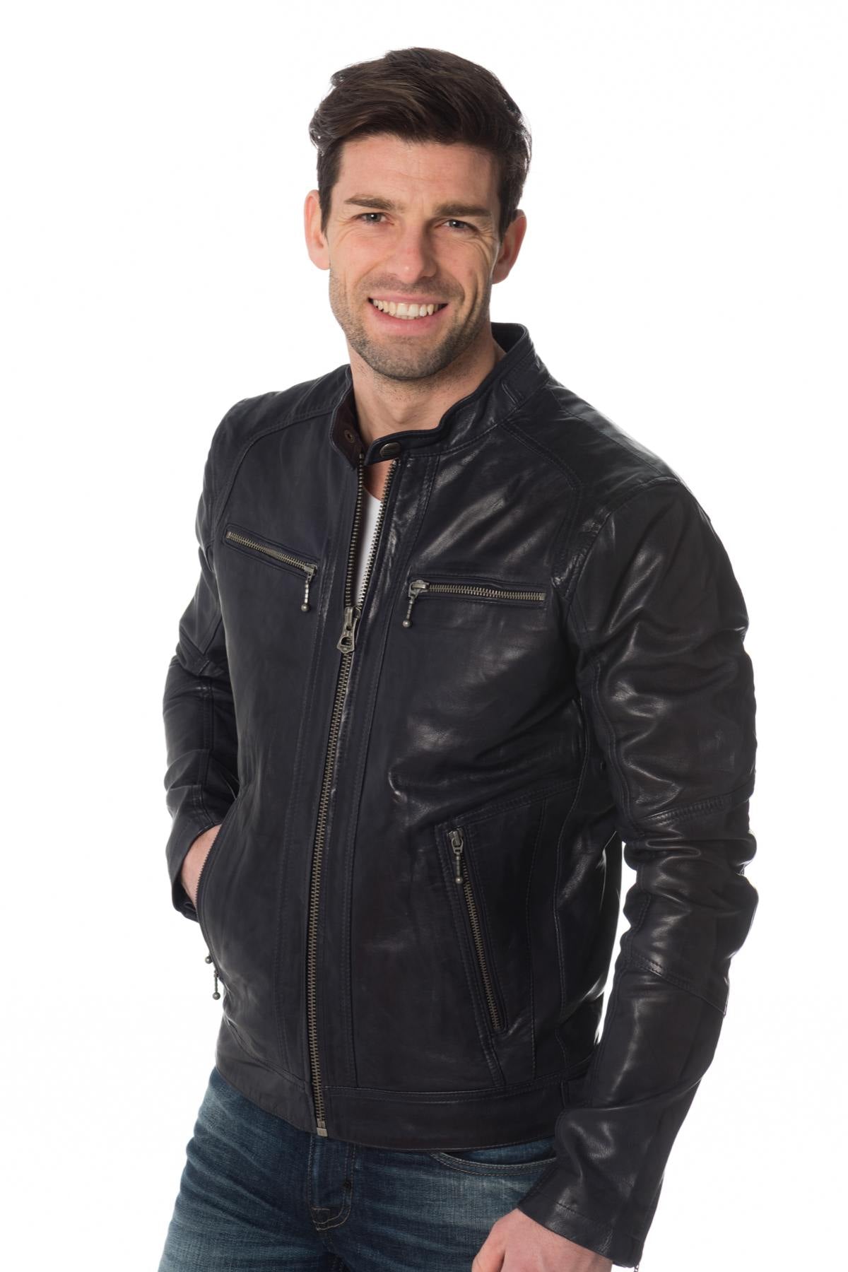 Navy blue lambskin leather biker jacket - Image n°1