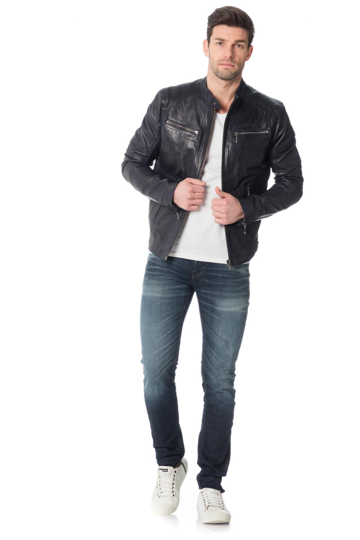 Navy blue lambskin leather biker jacket - Image n°2