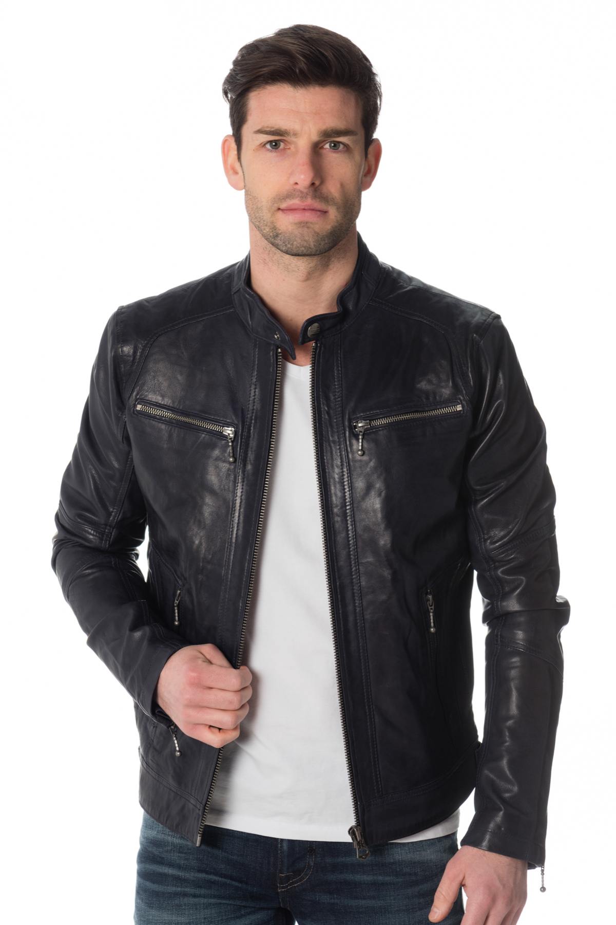 Navy blue lambskin leather biker jacket - Image n°3