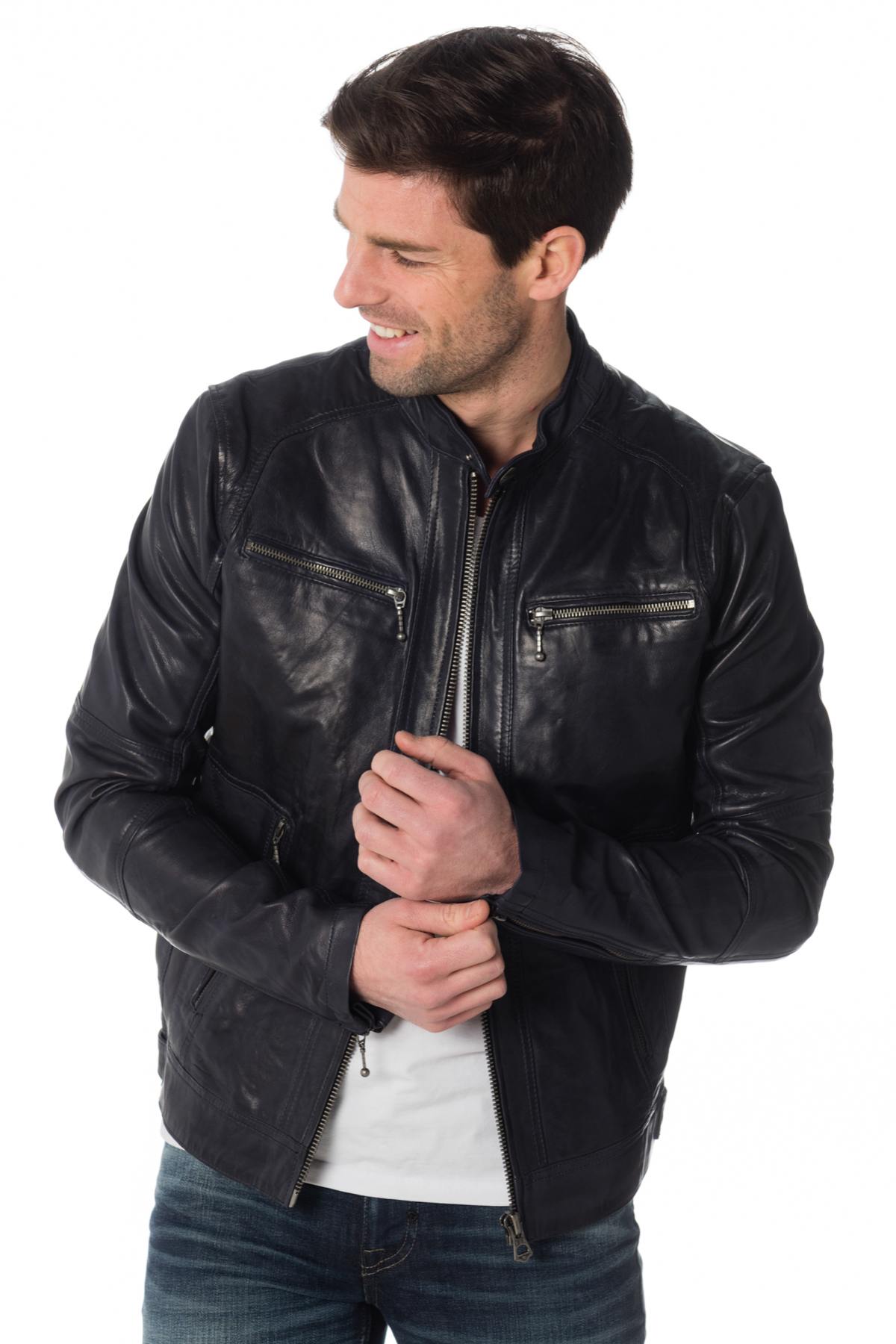 Navy blue lambskin leather biker jacket - Image n°4