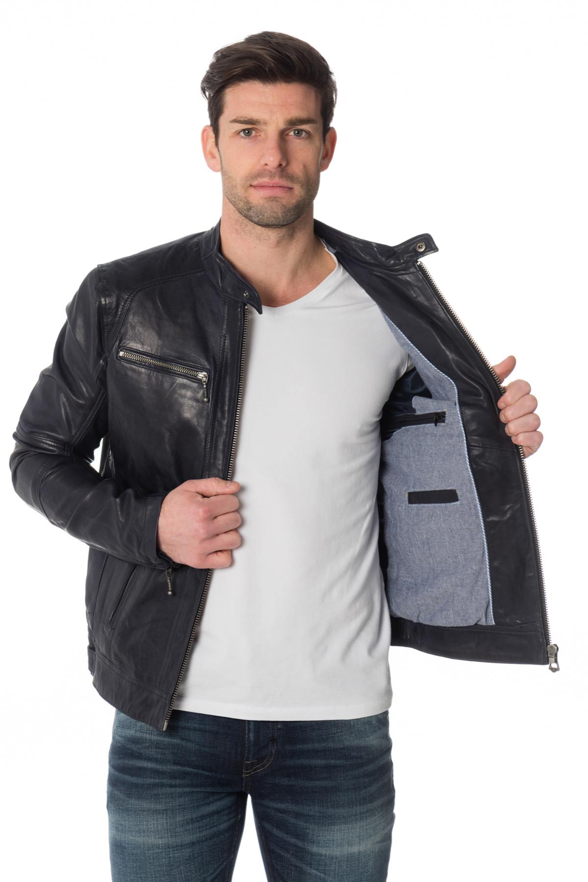 Navy blue lambskin leather biker jacket - Image n°5