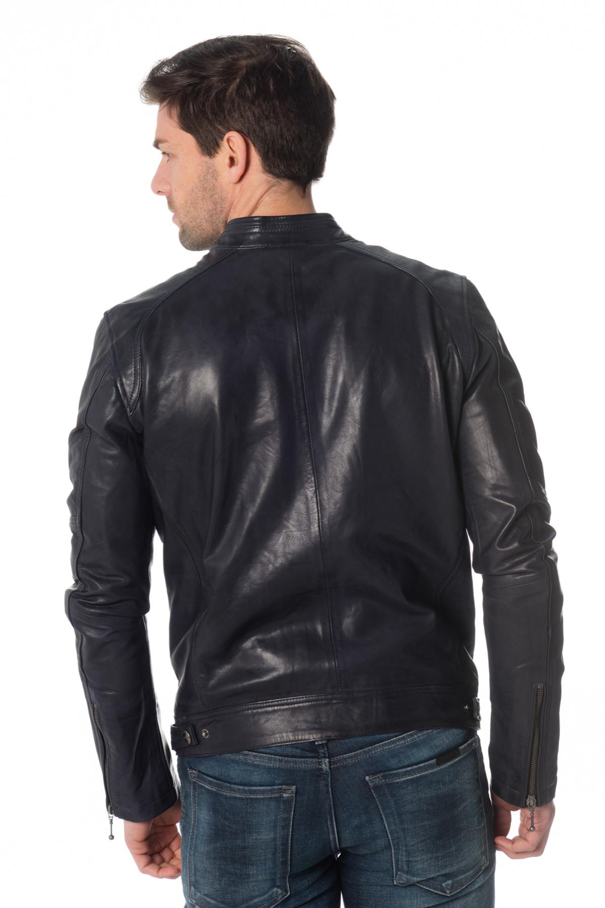 Navy blue lambskin leather biker jacket - Image n°6