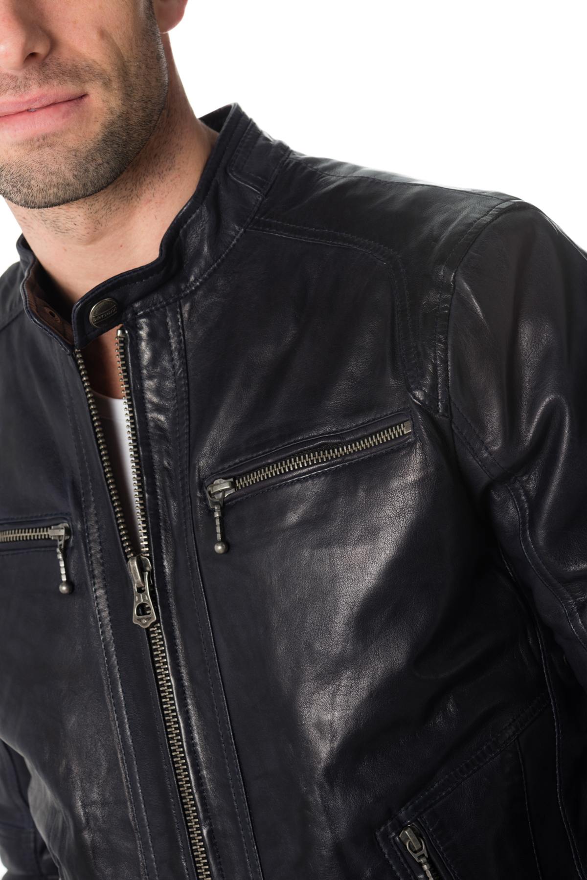 Navy blue lambskin leather biker jacket - Image n°7