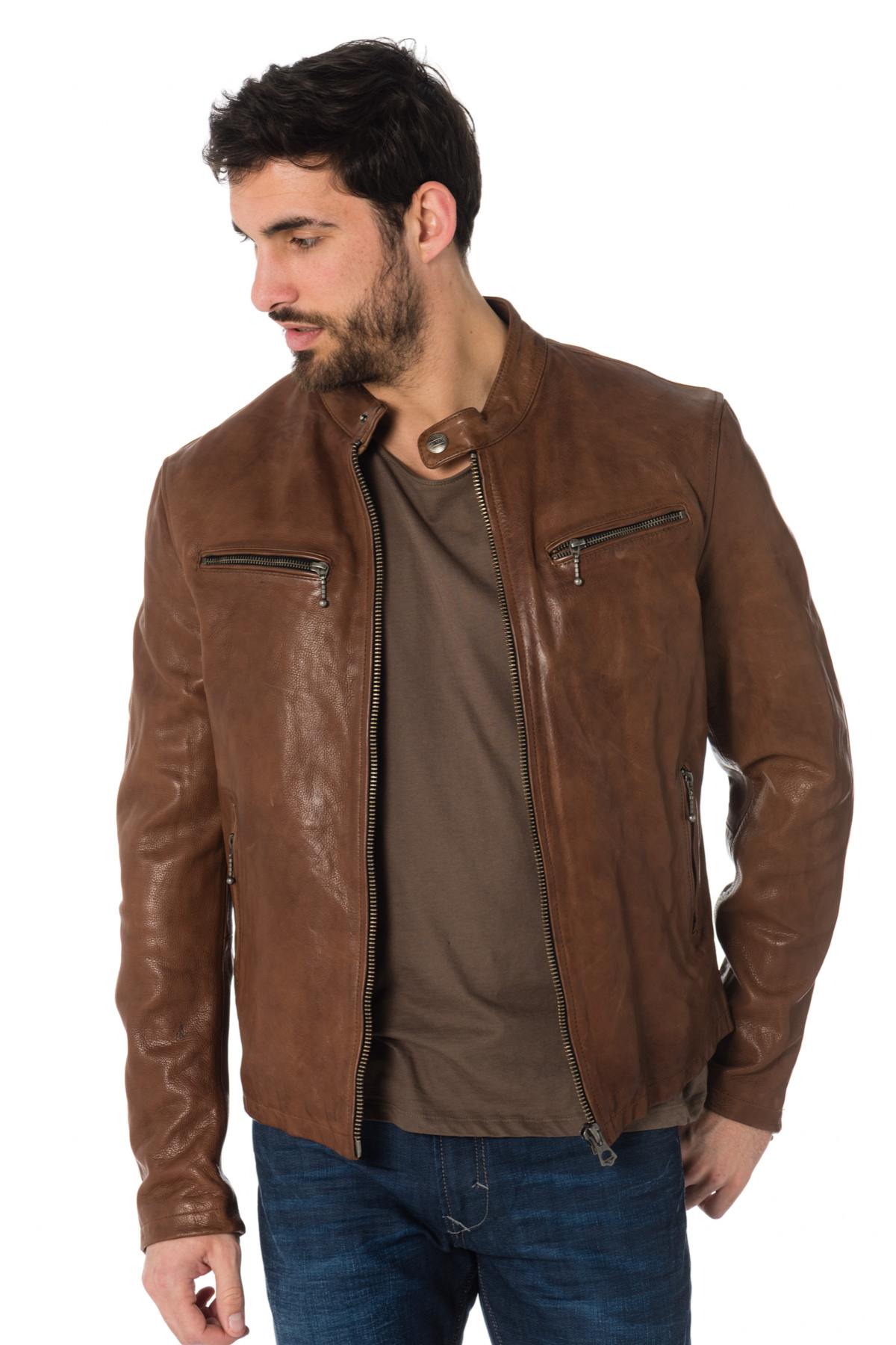 Bison-colored grained cowhide leather jacket - Image n°3