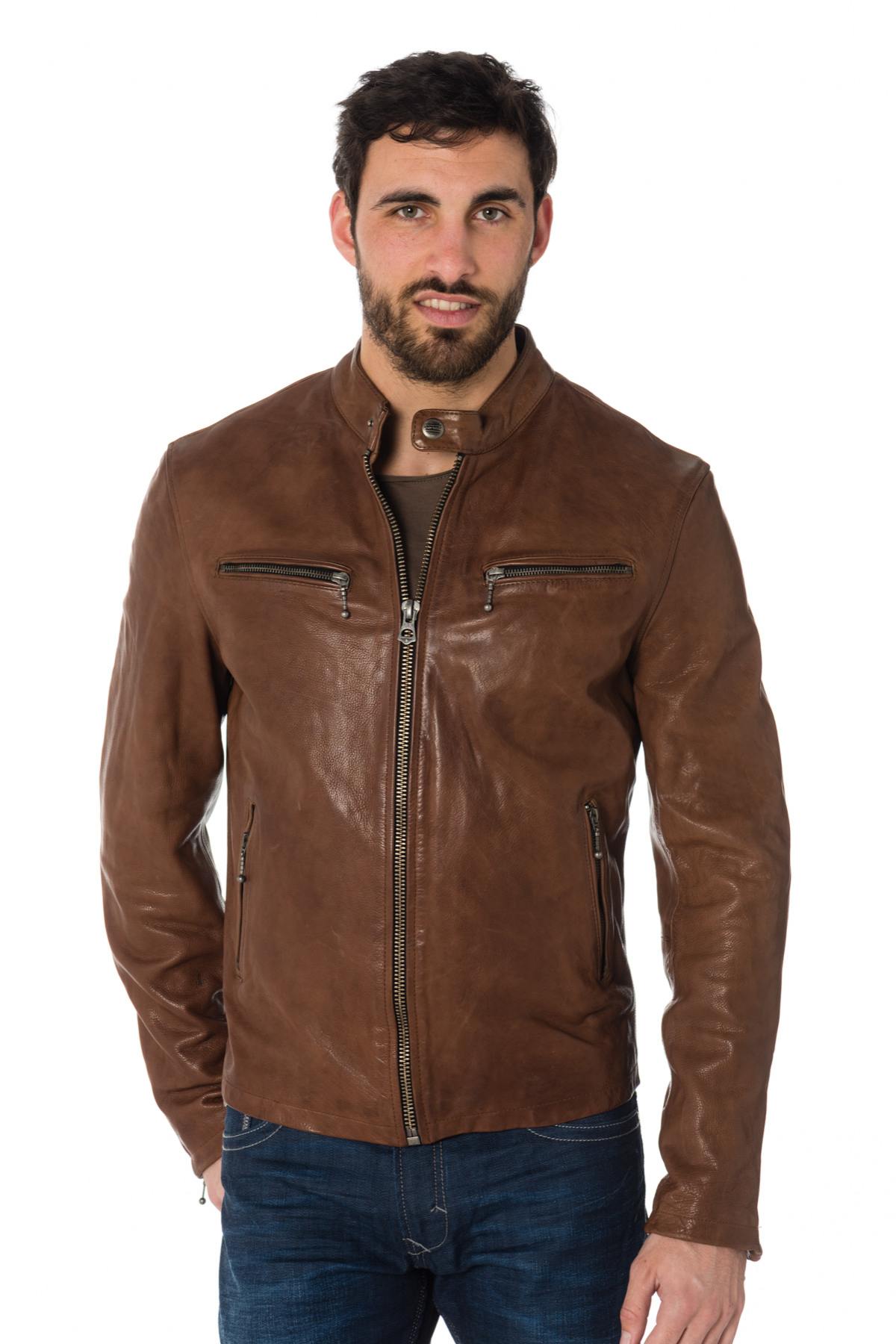 Bison-colored grained cowhide leather jacket - Image n°1