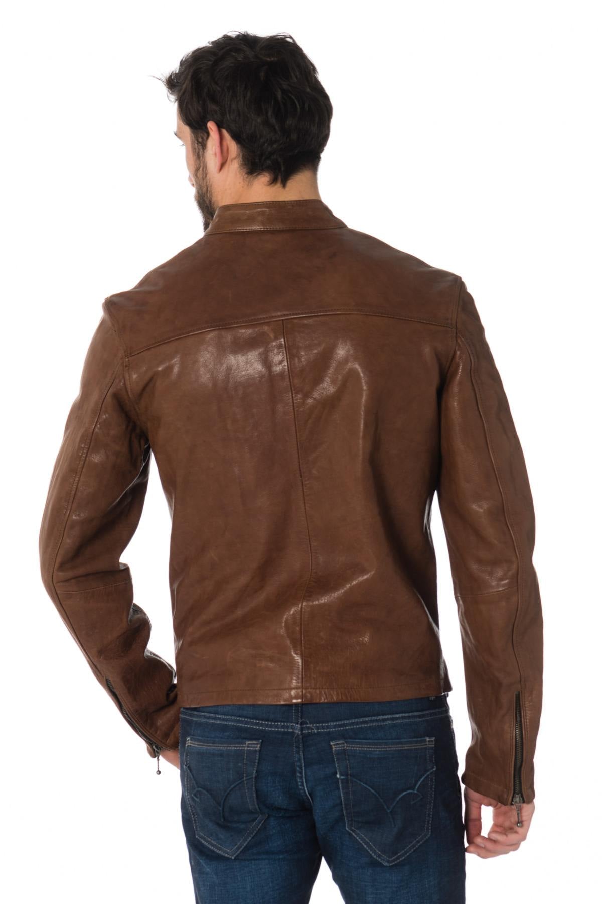 Bison-colored grained cowhide leather jacket - Image n°5