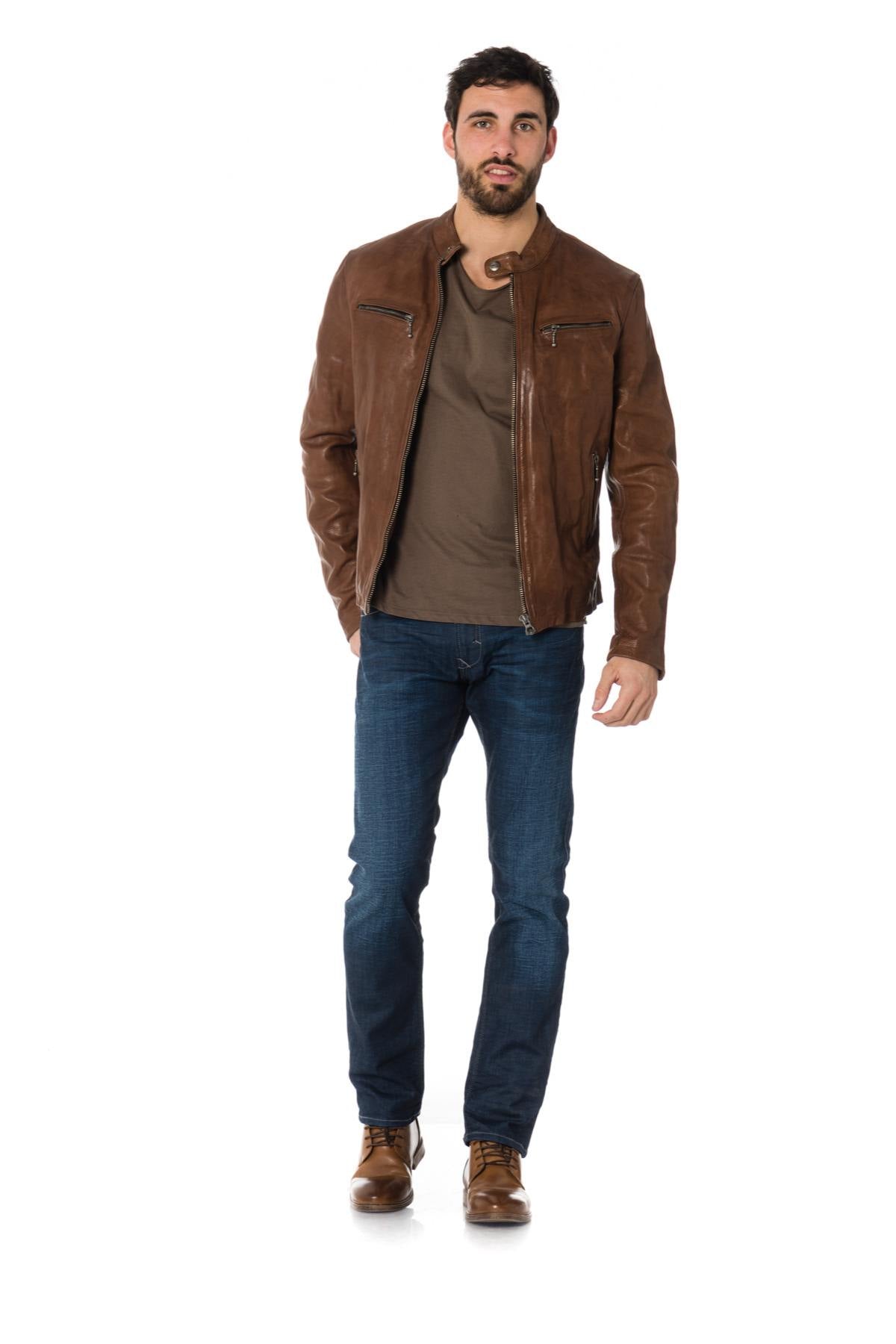 Bison-colored grained cowhide leather jacket - Image n°2