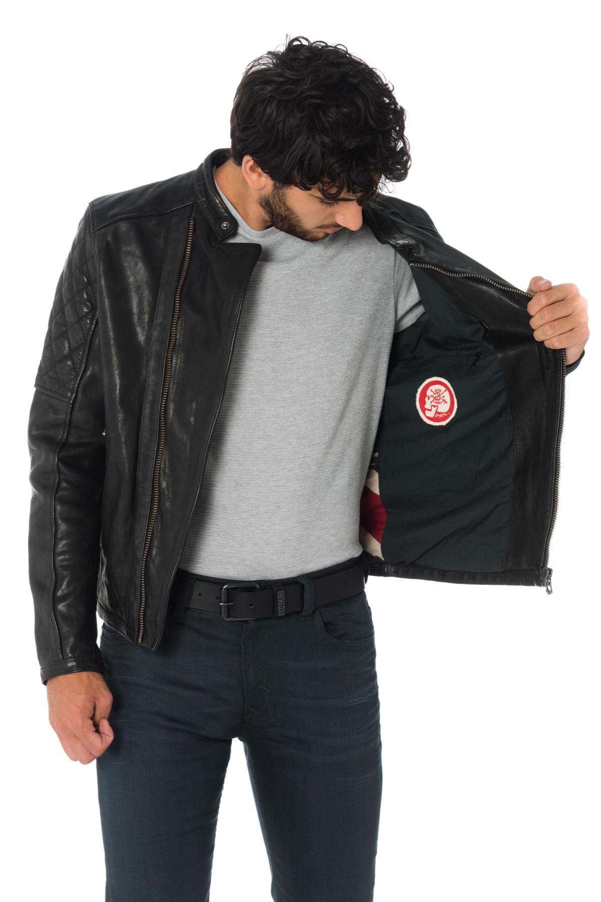 Men's black cowhide leather biker jacket - Image n°8