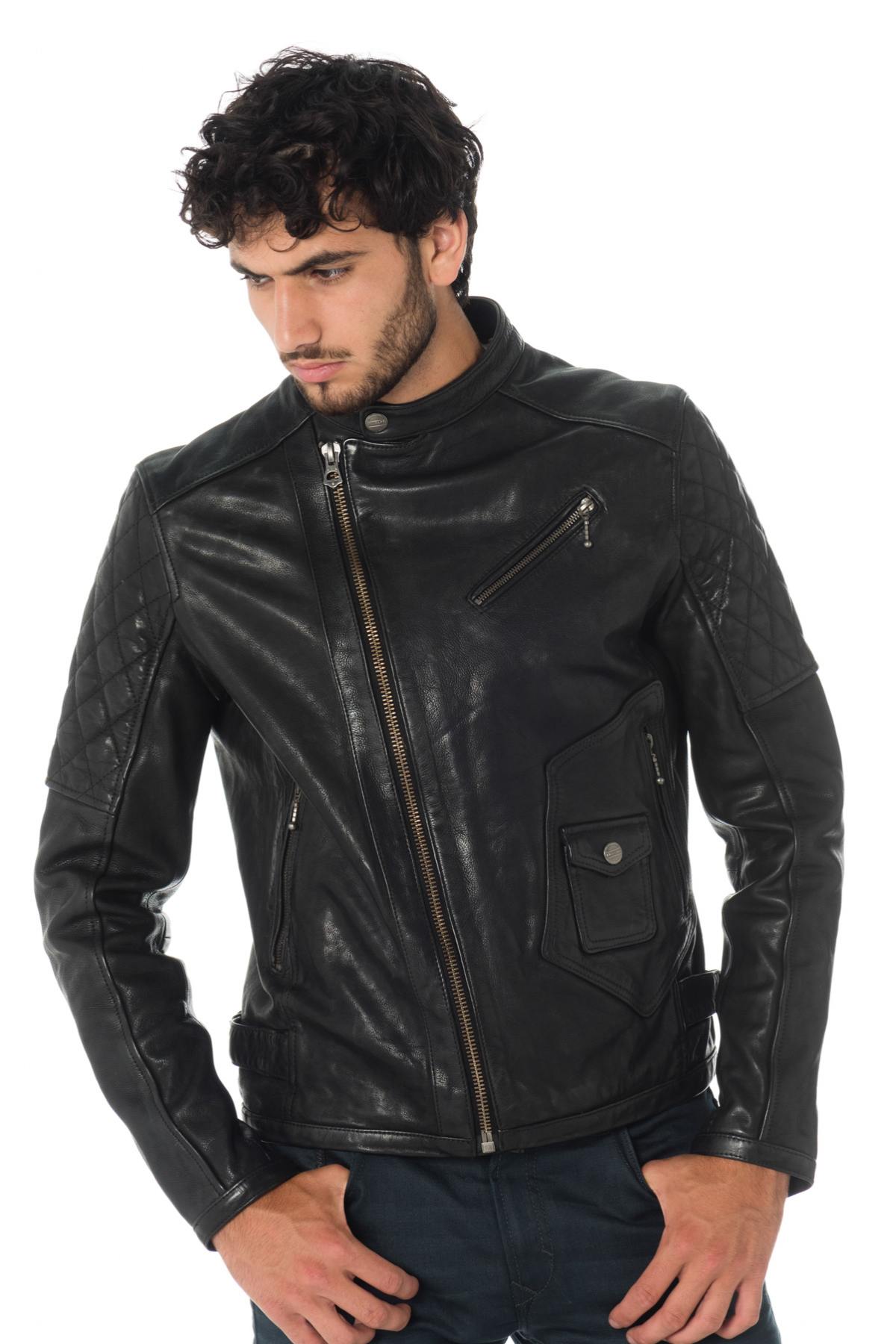 Men's black cowhide leather biker jacket - Image n°4