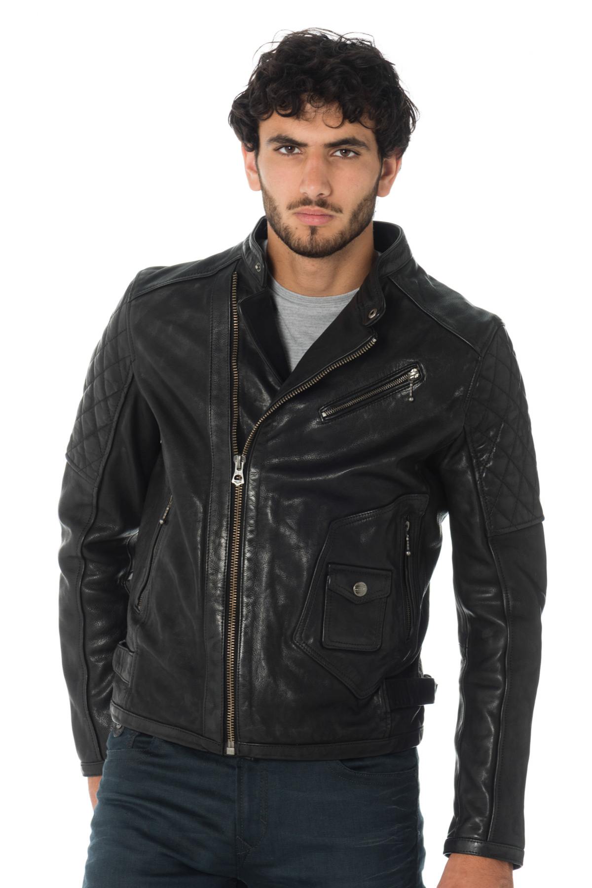 Men's black cowhide leather biker jacket - Image n°1