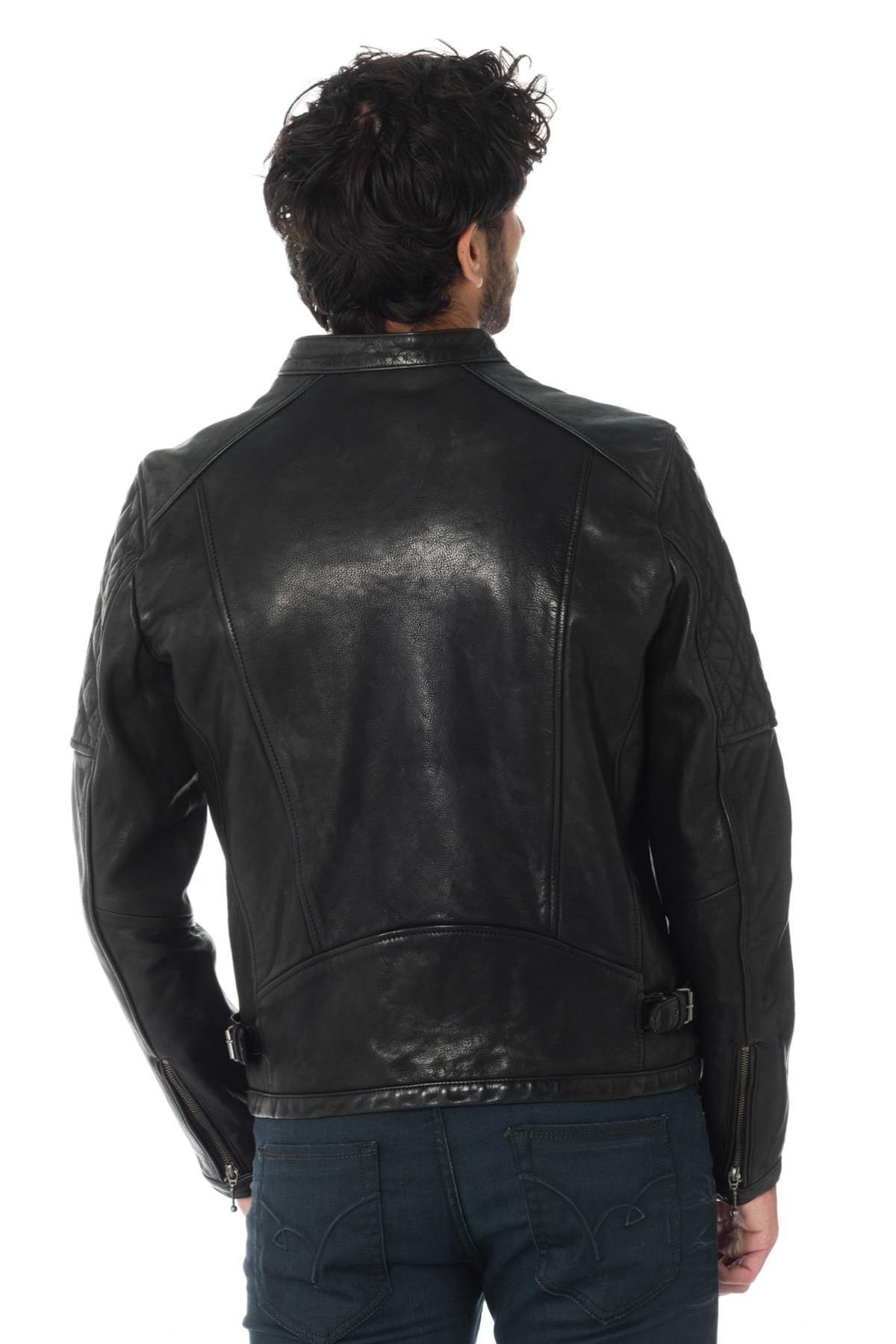 Men's black cowhide leather biker jacket - Image n°7