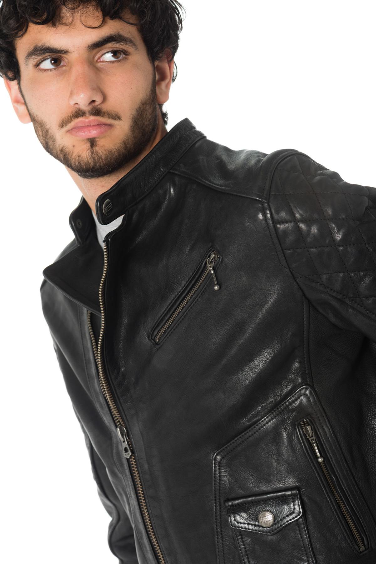 Men's black cowhide leather biker jacket - Image n°5