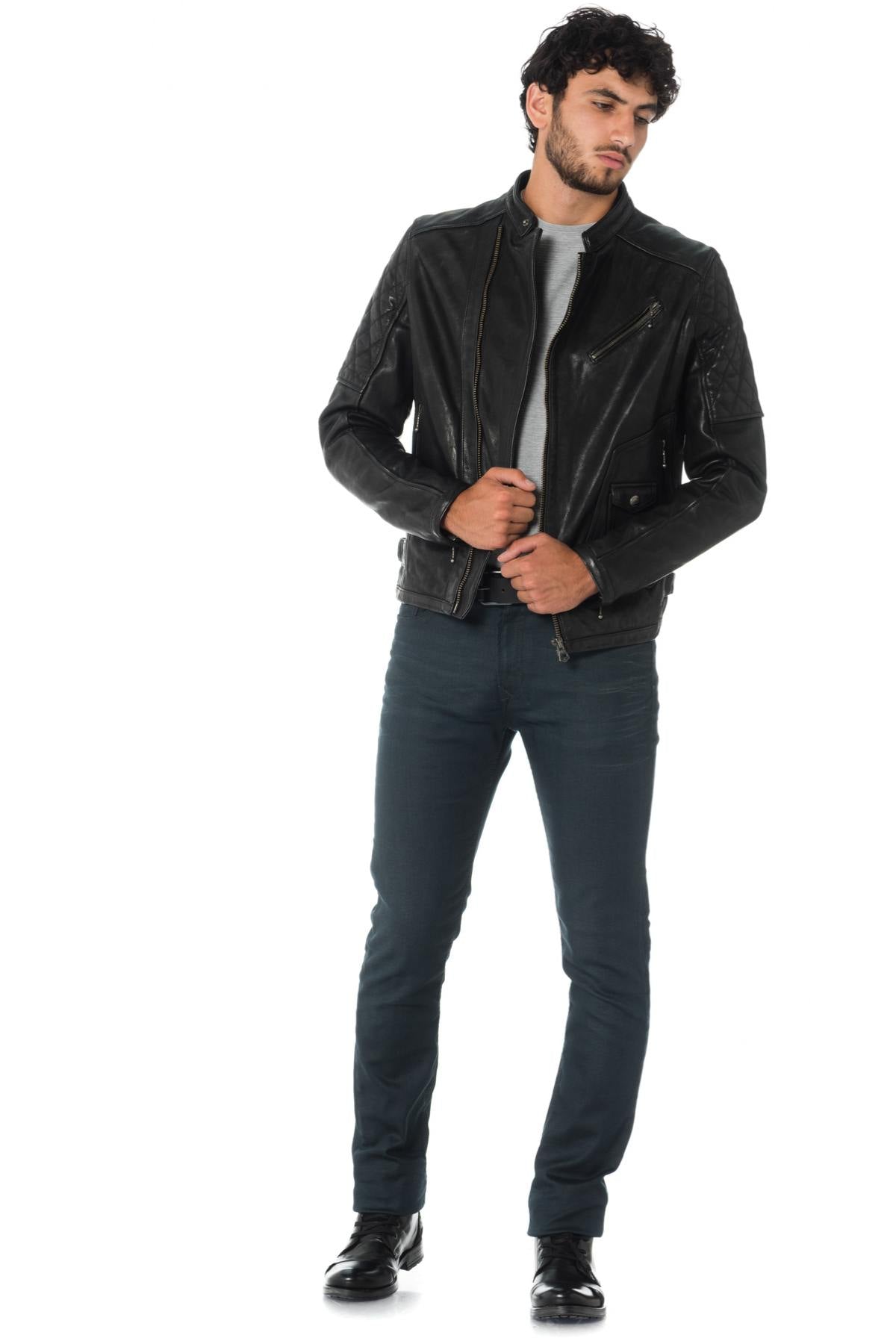 Men's black cowhide leather biker jacket - Image n°2