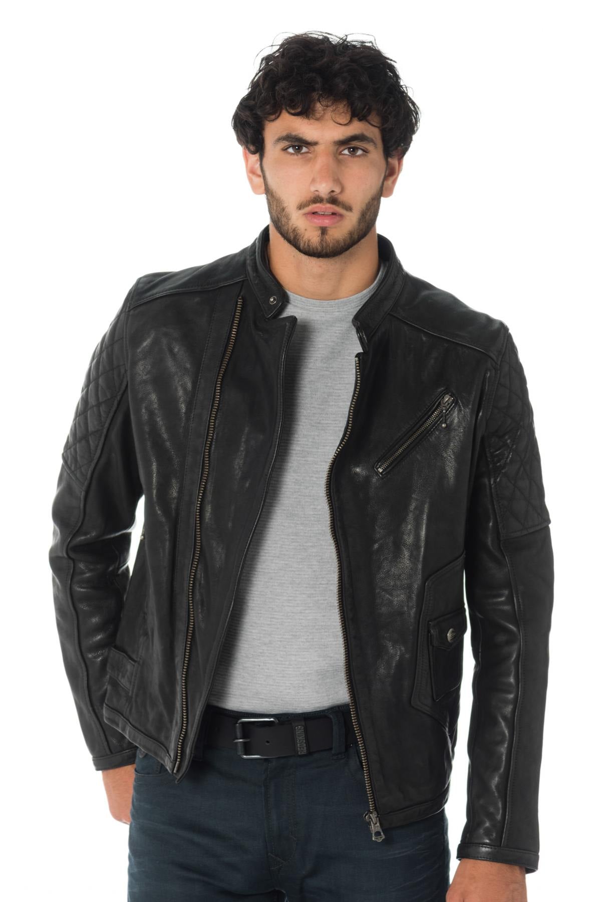 Men's black cowhide leather biker jacket - Image n°3