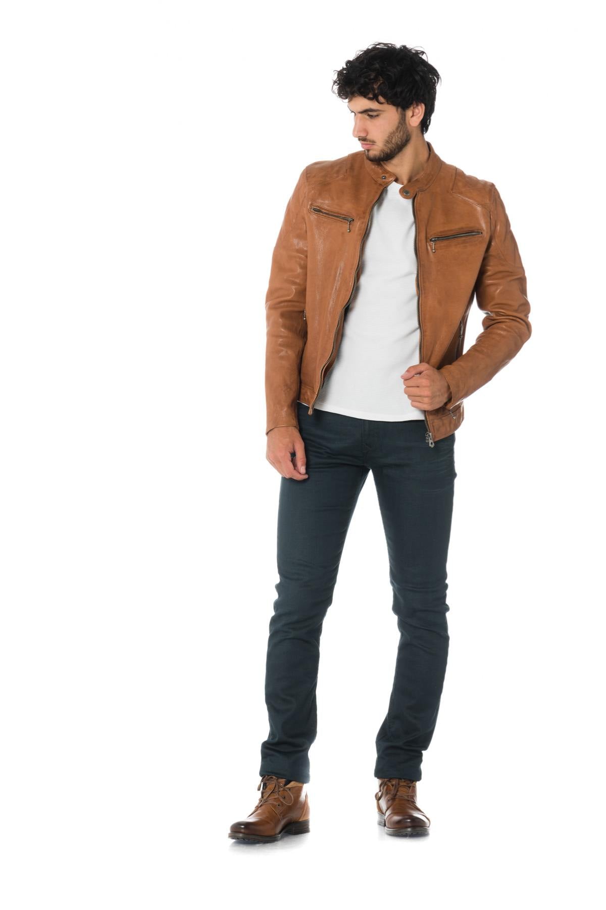 Daytona aged-look grained cowhide leather jacket in cognac color - Image n°2