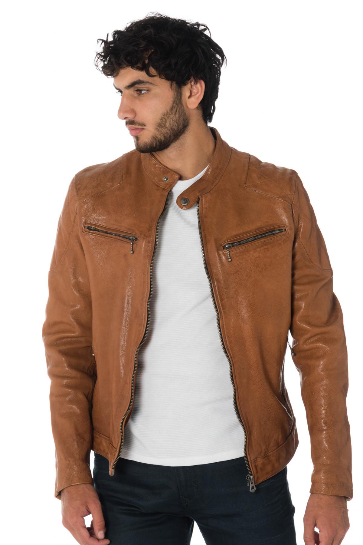 Daytona aged-look grained cowhide leather jacket in cognac color - Image n°3