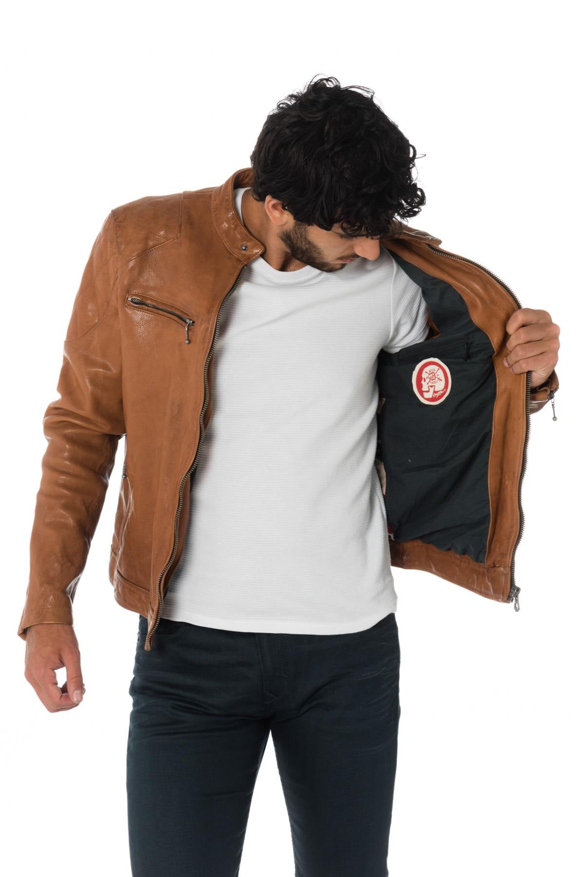 Daytona aged-look grained cowhide leather jacket in cognac color - Image n°5