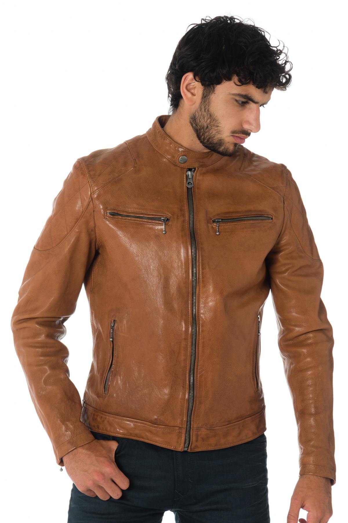 Daytona aged-look grained cowhide leather jacket in cognac color - Image n°4