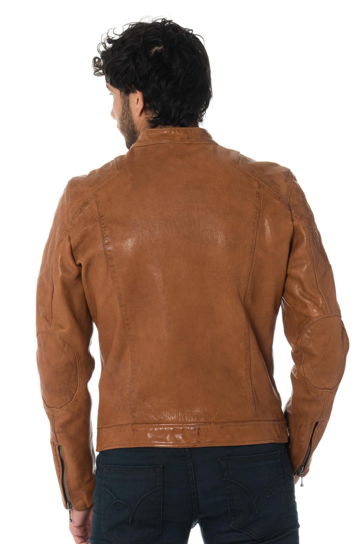 Daytona aged-look grained cowhide leather jacket in cognac color - Image n°7