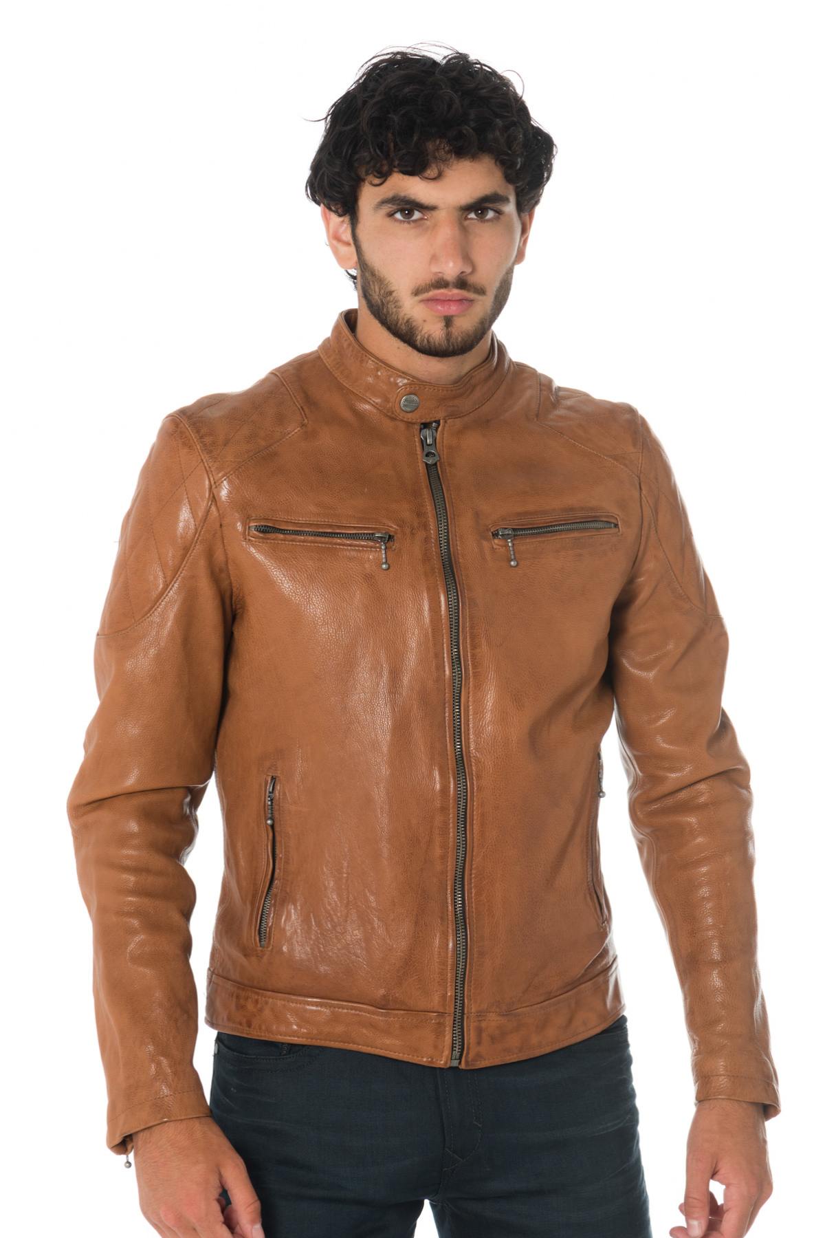 Daytona aged-look grained cowhide leather jacket in cognac color - Image n°1