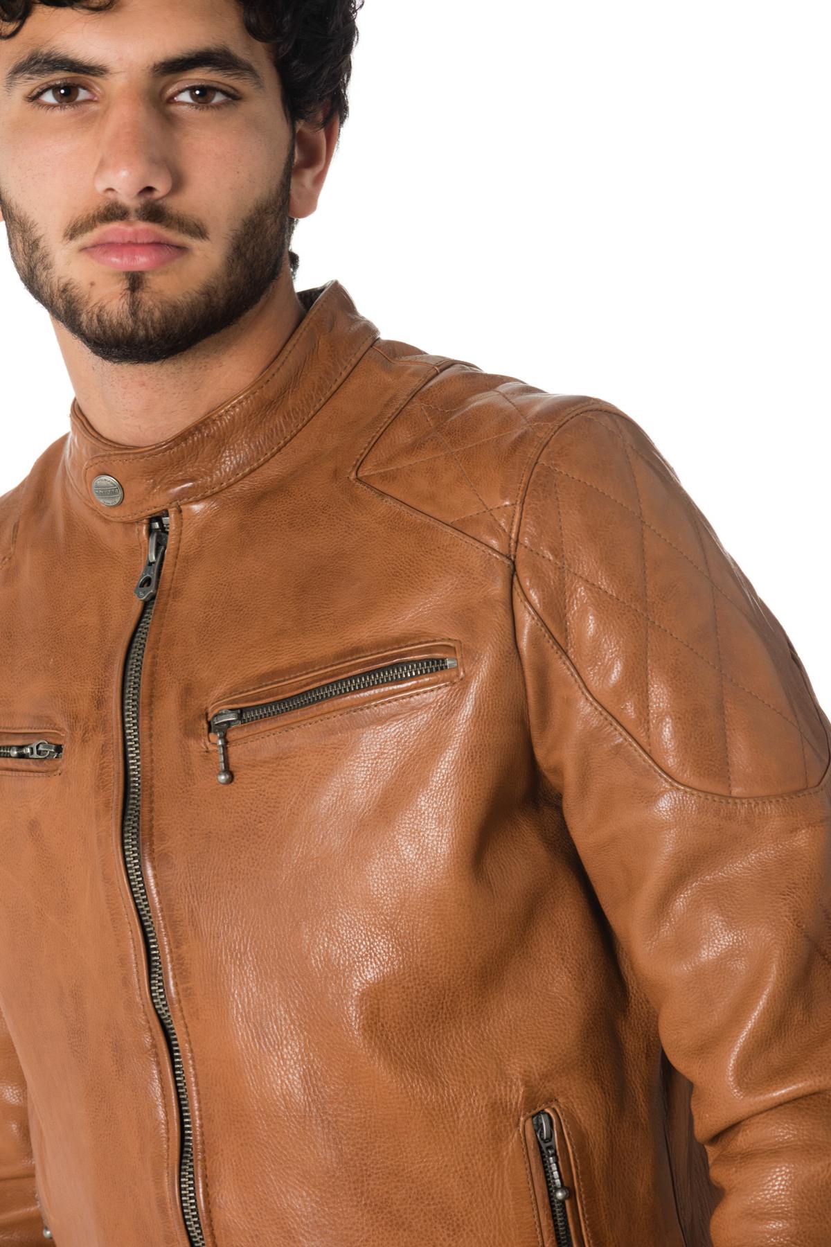 Daytona aged-look grained cowhide leather jacket in cognac color - Image n°8