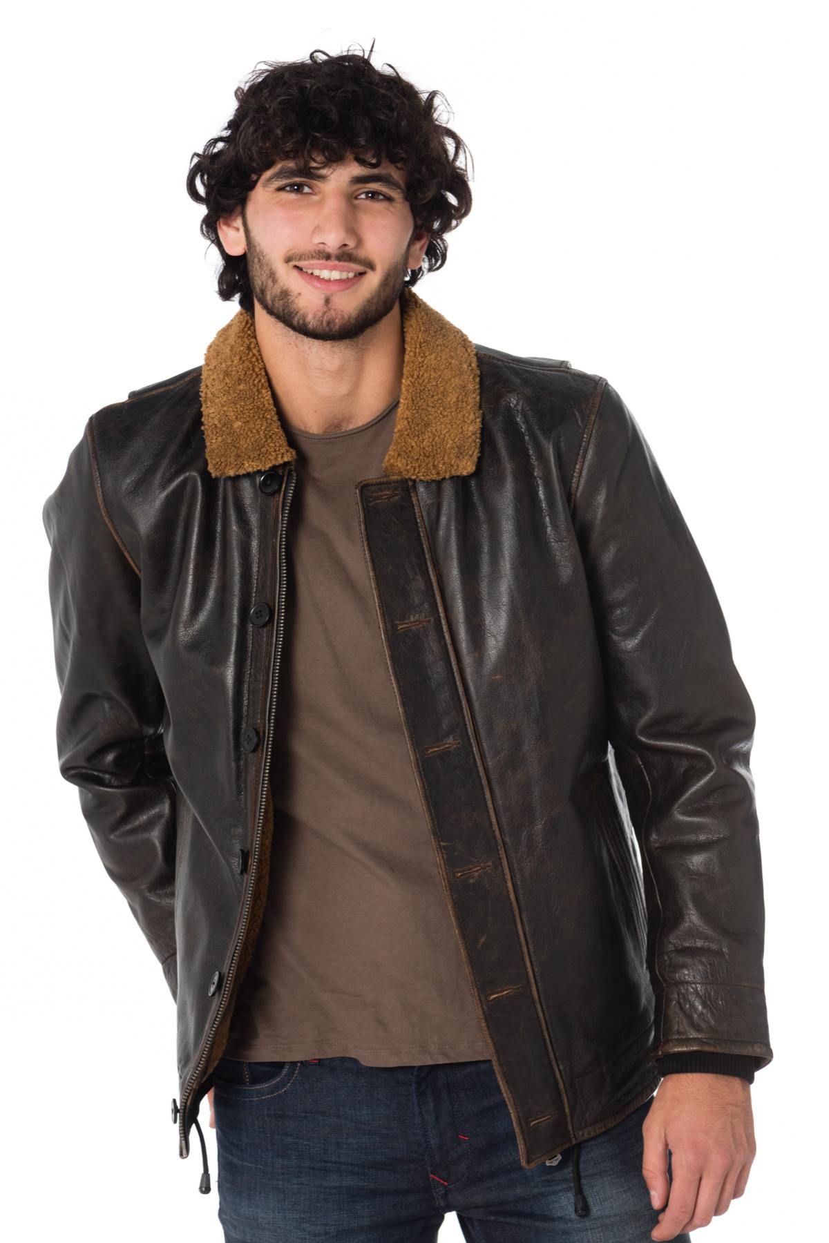 Aged-effect black cowhide leather jacket - Image n°3