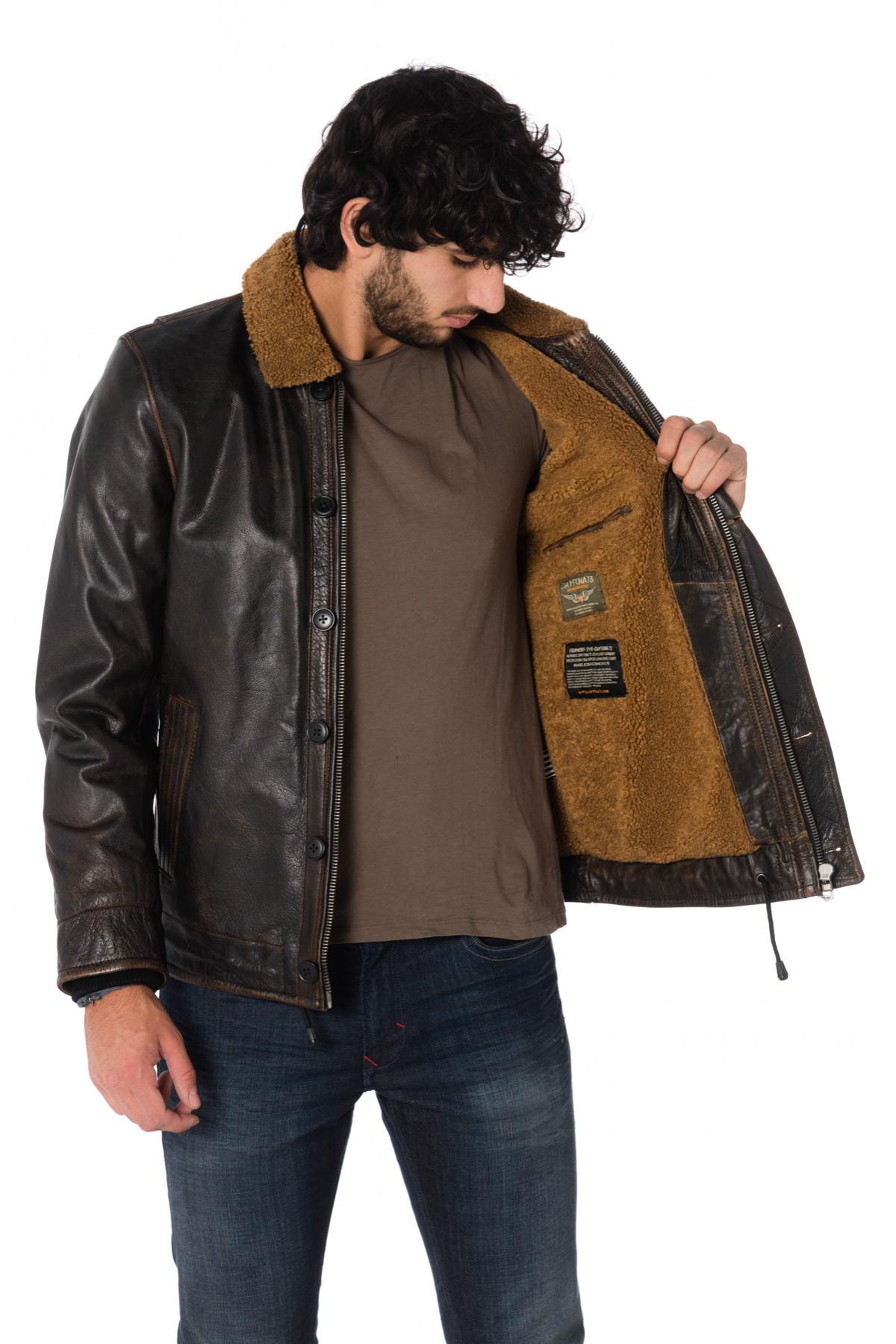 Aged-effect black cowhide leather jacket - Image n°5