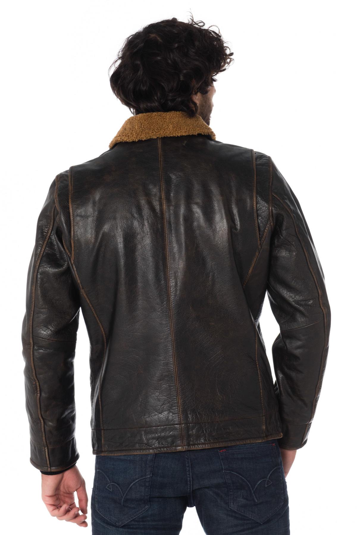 Aged-effect black cowhide leather jacket - Image n°6