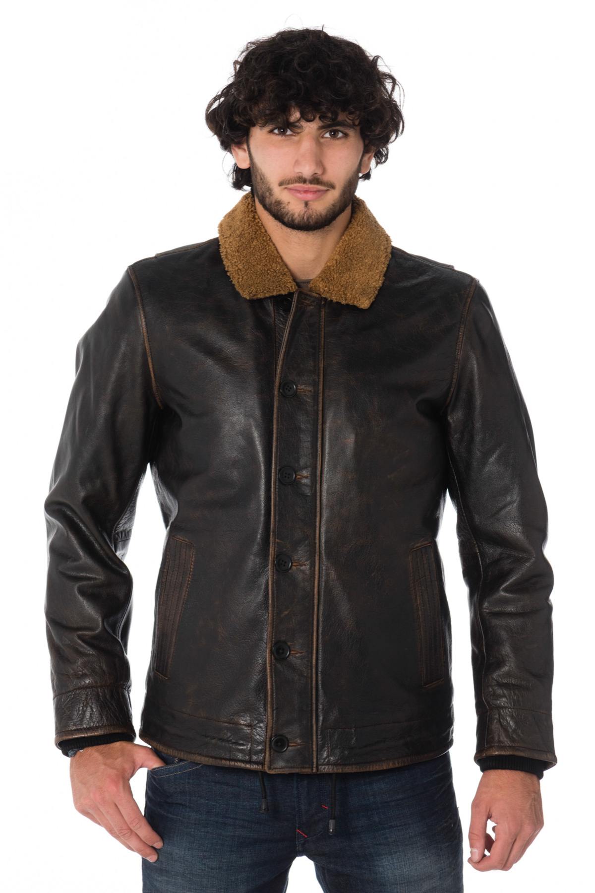 Aged-effect black cowhide leather jacket - Image n°1