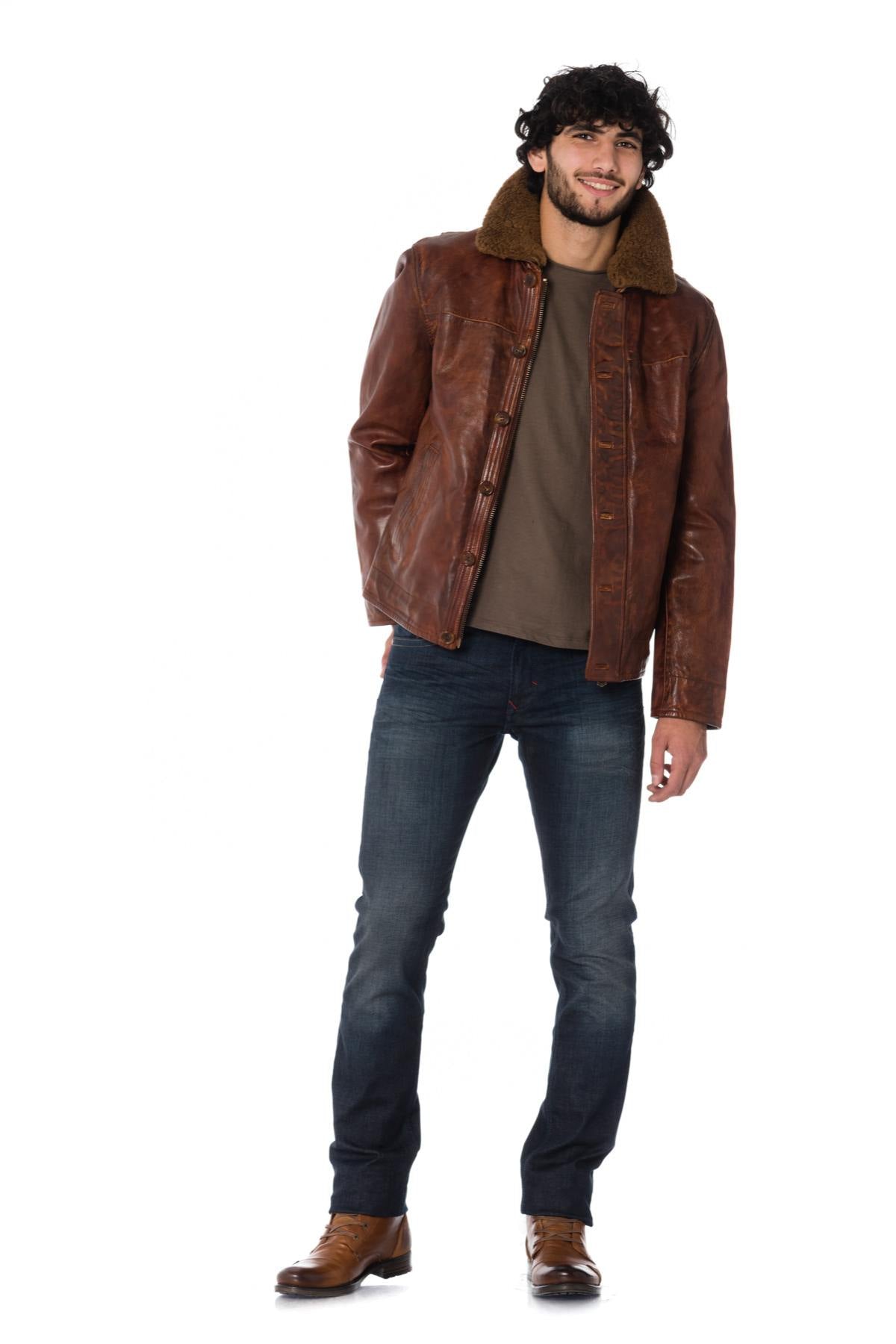 Daytona men's aged cognac cowhide leather jacket - Image n°2