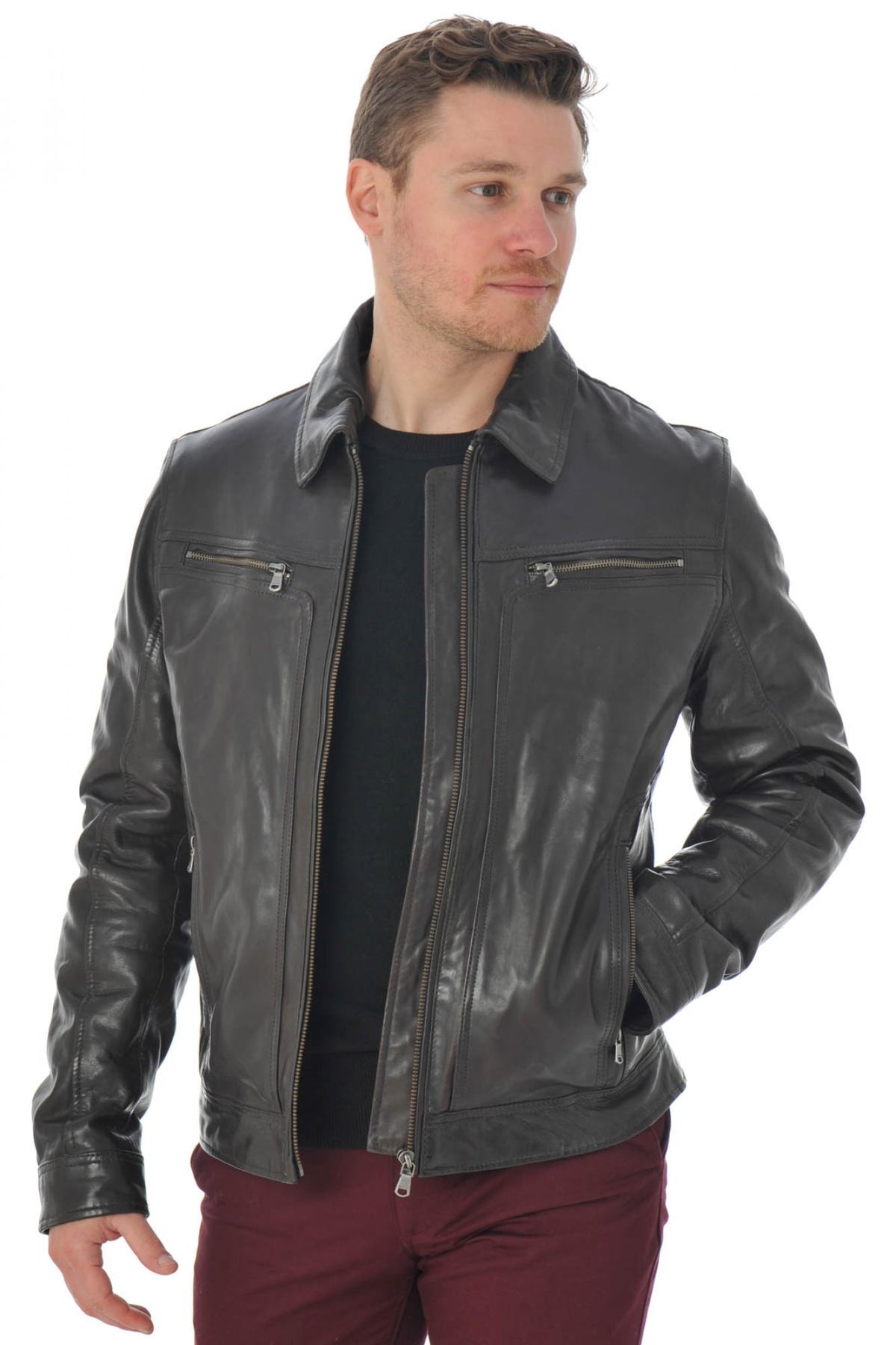 Lambskin leather jacket with shirt collar - Image n°1