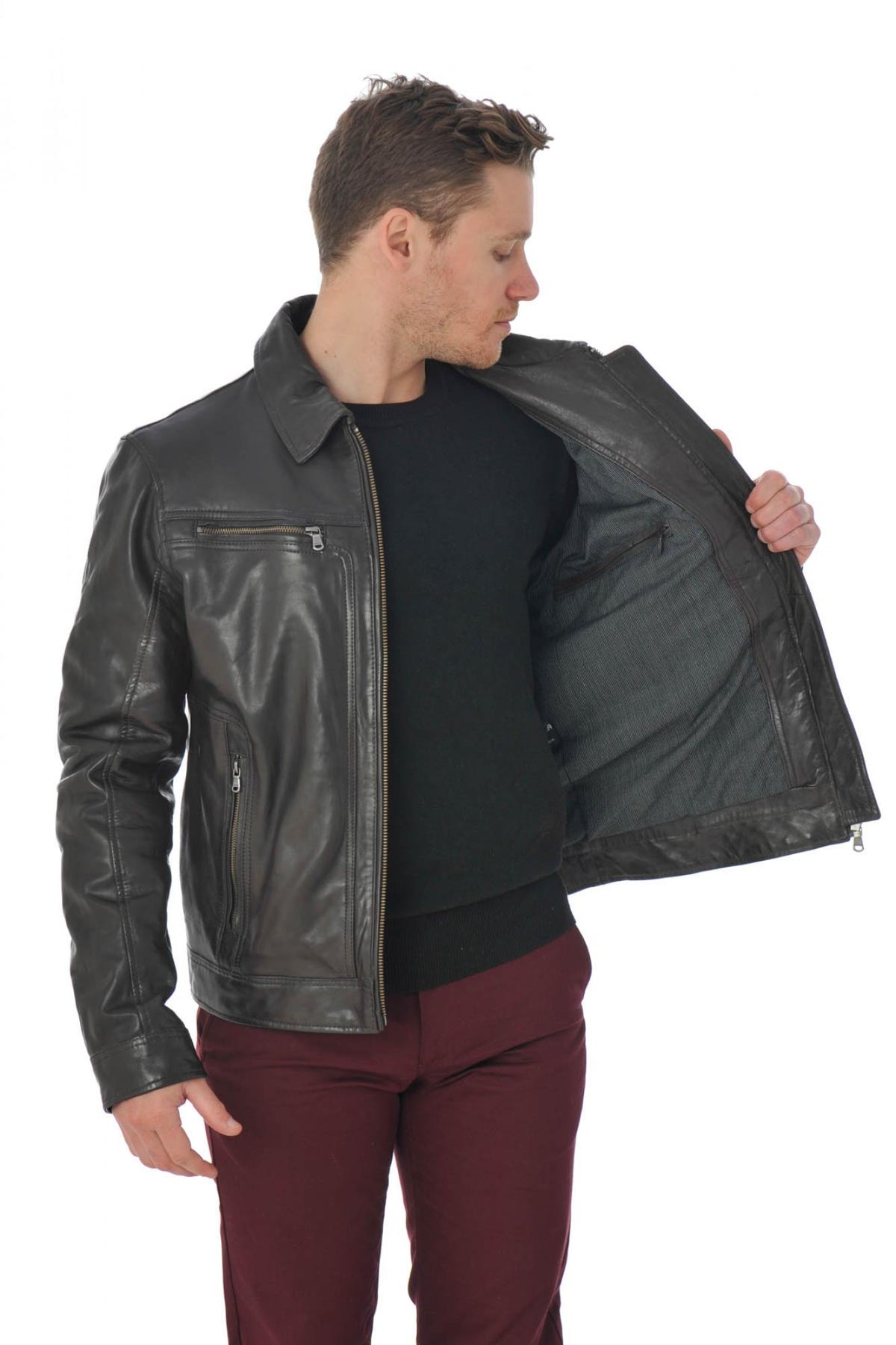 Lambskin leather jacket with shirt collar - Image n°5