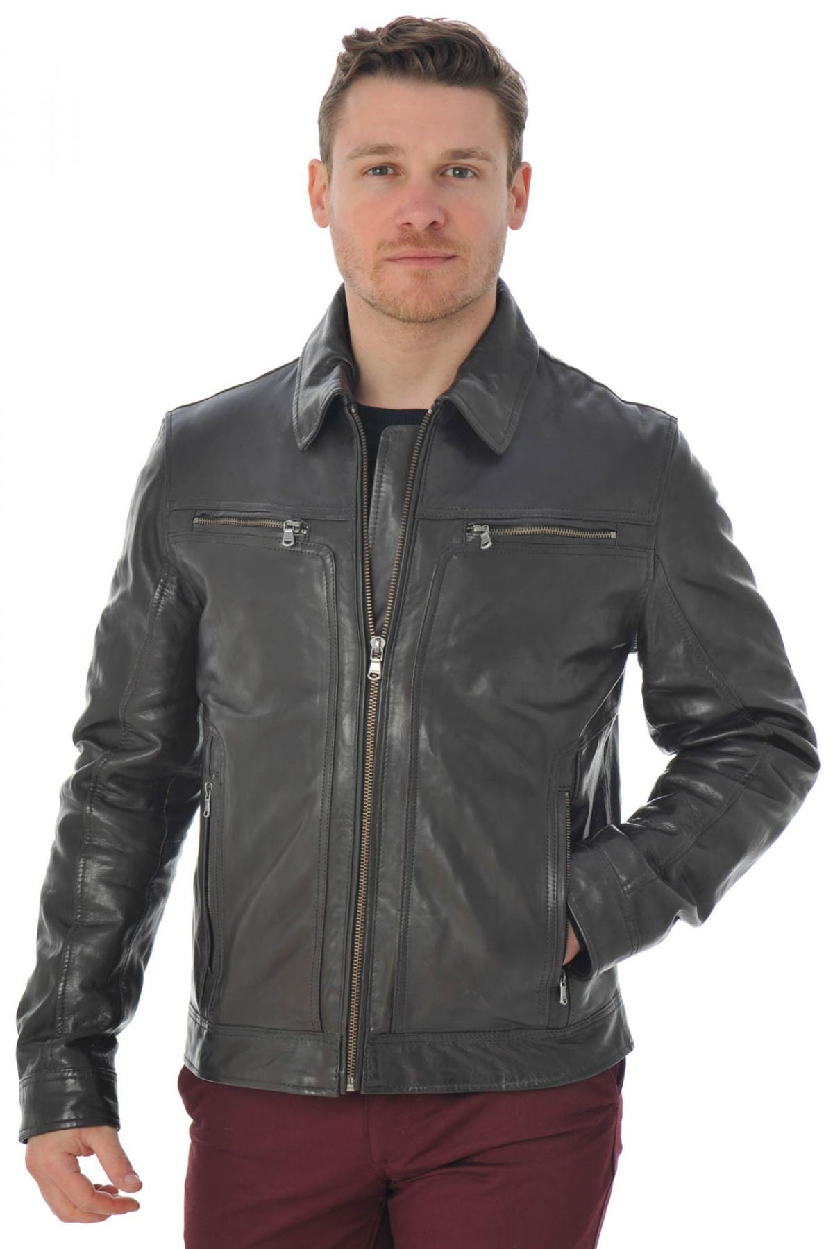 Lambskin leather jacket with shirt collar - Image n°3