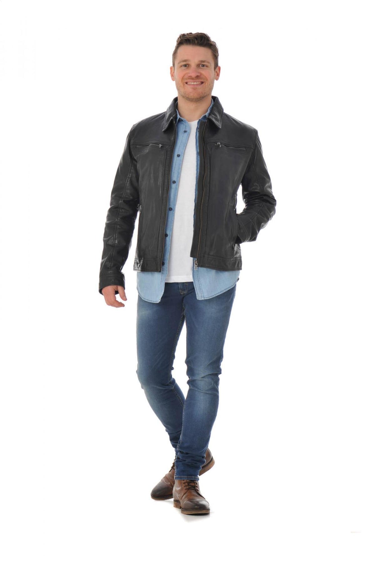 Lambskin leather jacket with shirt collar - Image n°3