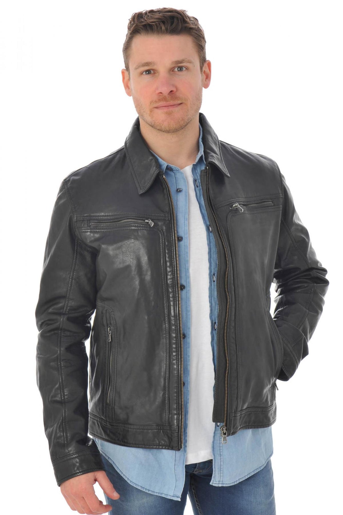 Lambskin leather jacket with shirt collar - Image n°1