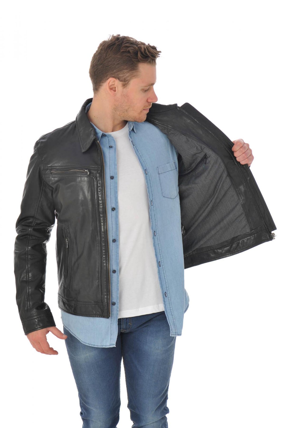 Lambskin leather jacket with shirt collar - Image n°4