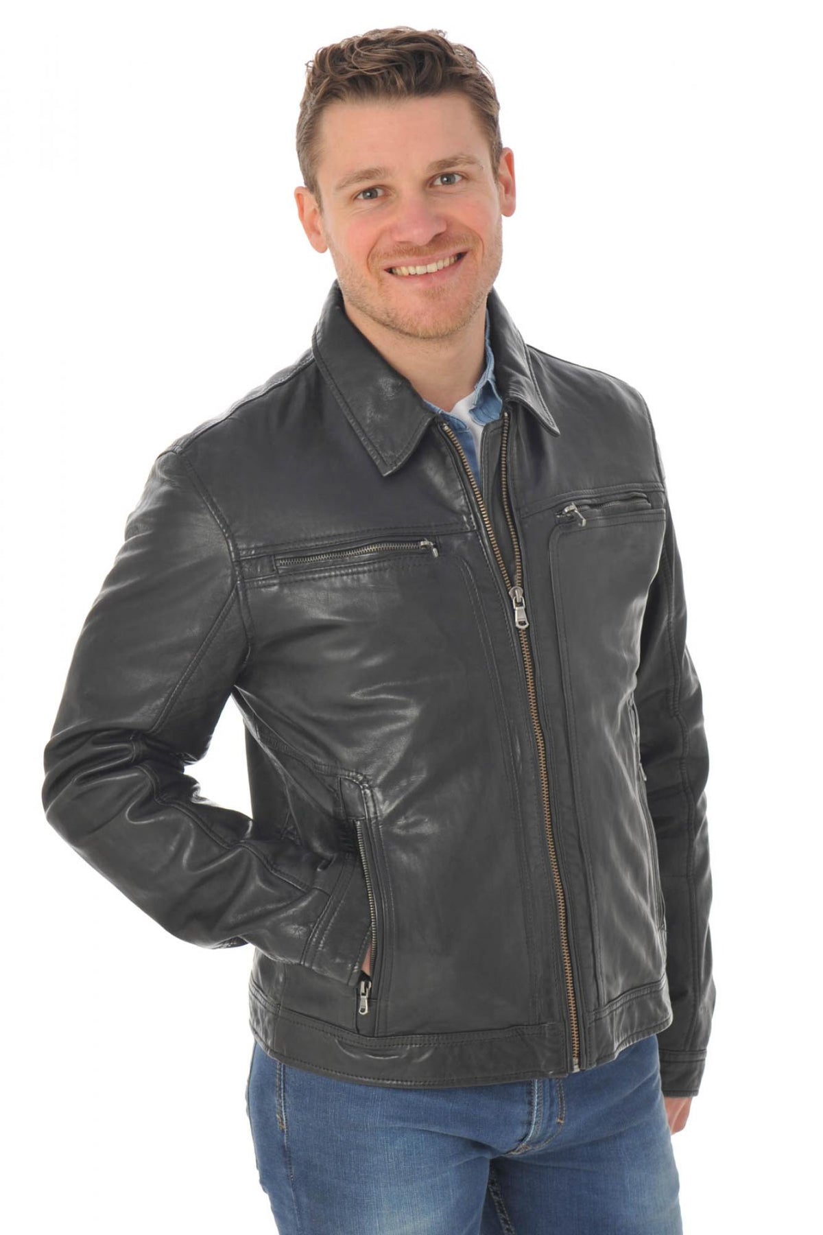 Lambskin leather jacket with shirt collar - Image n°2